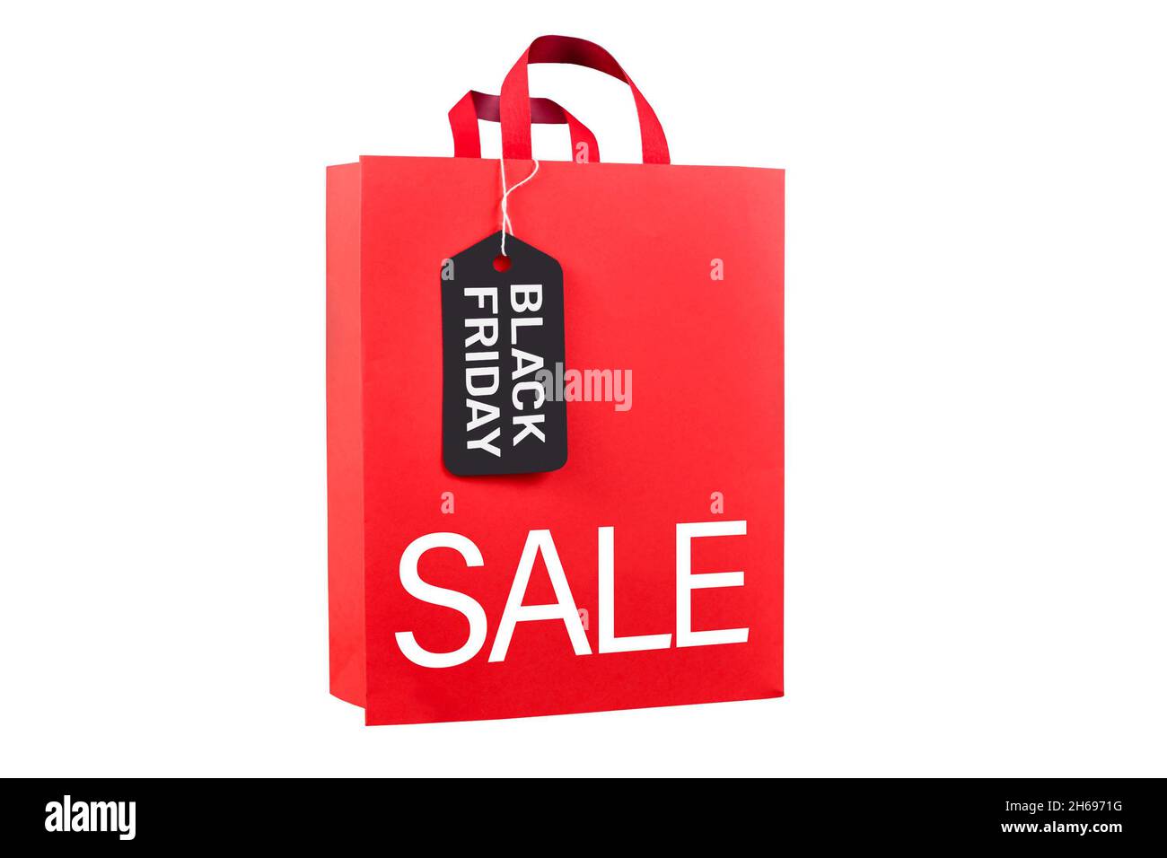 Rot Schwarz Freitag Verkauf Einkaufstasche auf weißem Hintergrund Stockfoto