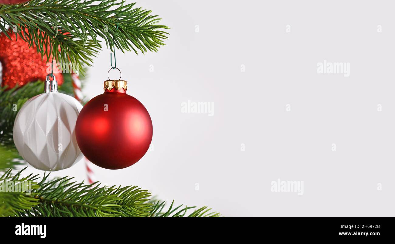 Banner mit kugelförmigen roten Weihnachtskugeln auf Weihnachtsbaum auf der Seite von grau-weißem Hintergrund mit Kopierraum Stockfoto