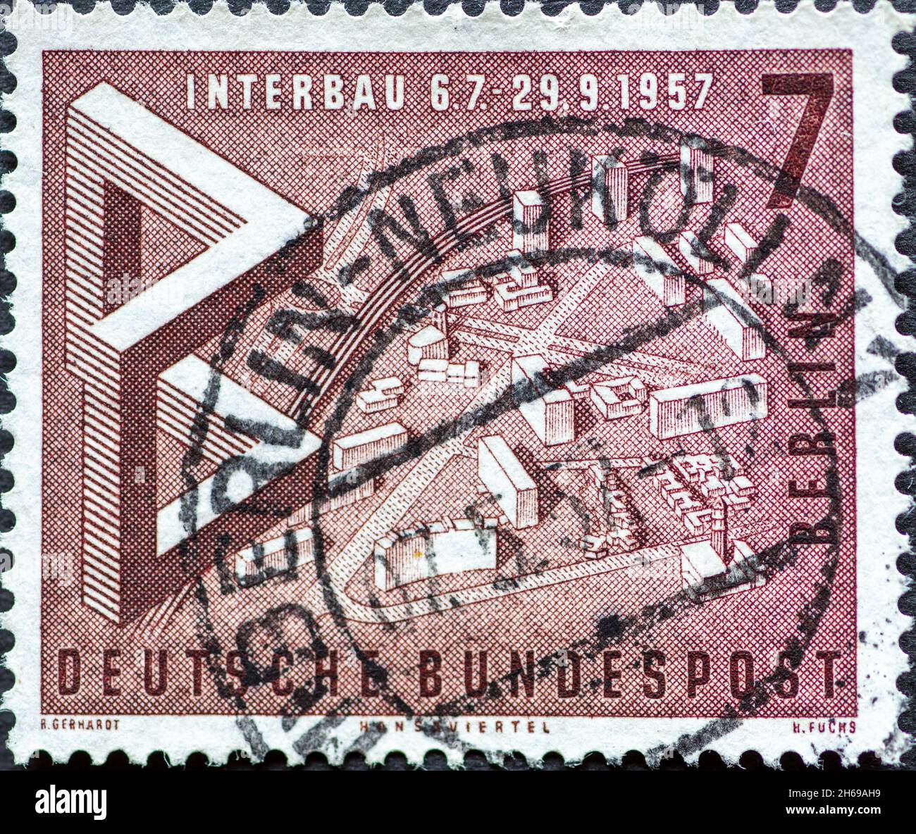 DEUTSCHLAND, Berlin - UM 1957: Eine Briefmarke aus Deutschland, Berlin zeigt das Modell des Hansaviertels. Internationale Bauausstellung Interbau. Stockfoto