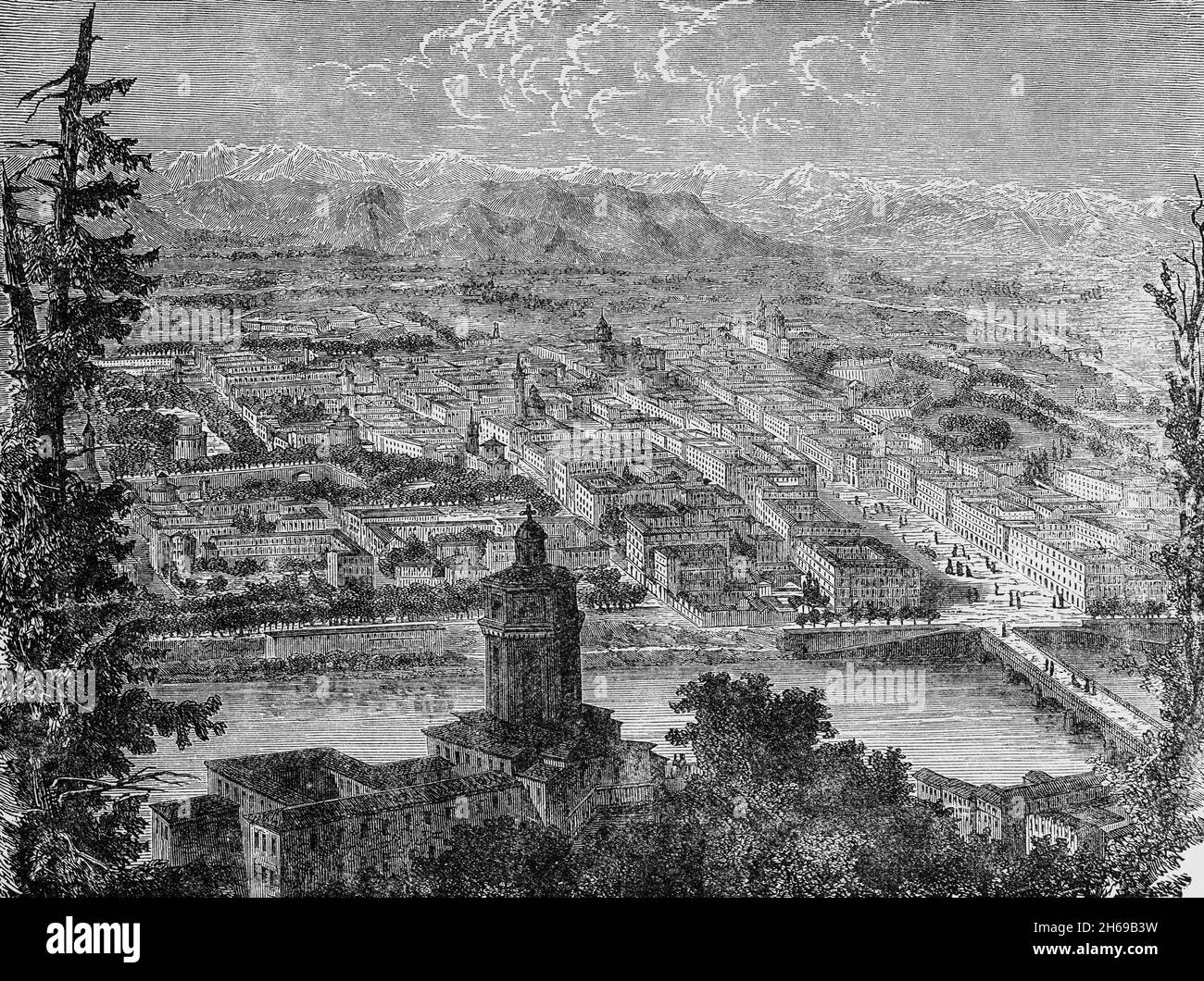 Eine Illustration des Po-Flusses, der durch Turin im Piemont, Italien fließt, aus dem späten 19. Jahrhundert. Wie der Rest des Piemont wurde die Stadt 1802 vom französischen Kaiserreich annektiert und wurde bis zum Fall Napoleons im Jahr 1814 Sitz der Präfektur Pô. Im Jahr 1861 wurde Turin die Hauptstadt des neu ausgerufenen vereinigten Königreichs von Italien bis 1865, als die Hauptstadt nach Florenz verlegt wurde, und dann nach Rom nach der Eroberung der päpstlichen Staaten 1870. Stockfoto