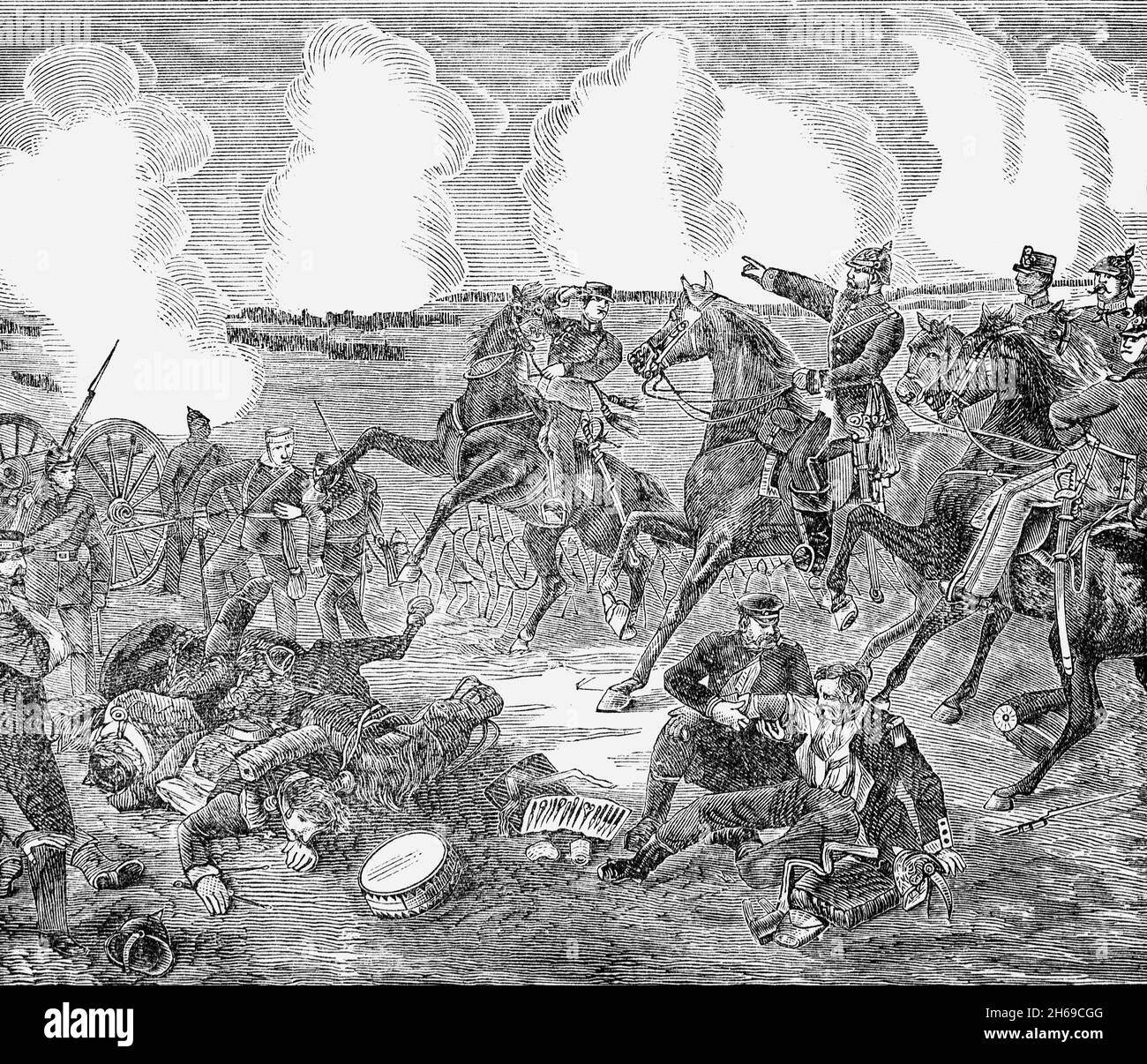 Eine Illustration der Schlacht von Gravelotte aus dem späten 19. Jahrhundert, die am 18. August 1870 stattfand, der größten Schlacht des französisch-preußischen Krieges. Benannt nach Gravelotte, einem Dorf in Lothringen, wurde es etwa 10 Kilometer westlich von Metz bekämpft und führte zur vollständigen Zerstörung der französischen Streitkräfte. Stockfoto