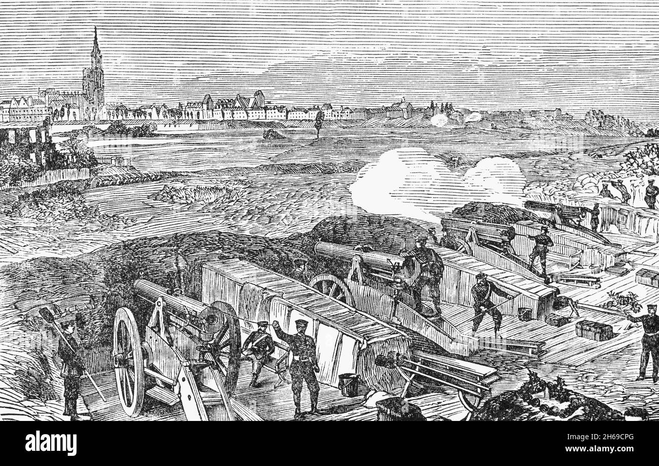 Eine Illustration des späten 19. Jahrhunderts eines Bombardements während der Belagerungszeit von Straßburg, der während des französisch-preußischen Krieges stattfand und zur französischen Kapitulation der Festung am 28. September 1870 führte. Das 40,000 Mann starke Belagerungskorps erreichte die Festung am 14. August und begann sofort, sie zu bombardieren. Die Verteidigung war veraltet, und 7,000 der 23,000 Mann starken französischen Garnison waren Milizionäre der Nationalgarde. Am 19. September begannen die Deutschen eine verheerende Nahbombardierung der Bastionen. Mit der Stadt wehrlos und einem deutschen Angriff unmittelbar bevorstehend, gaben die Franzosen nach. Stockfoto