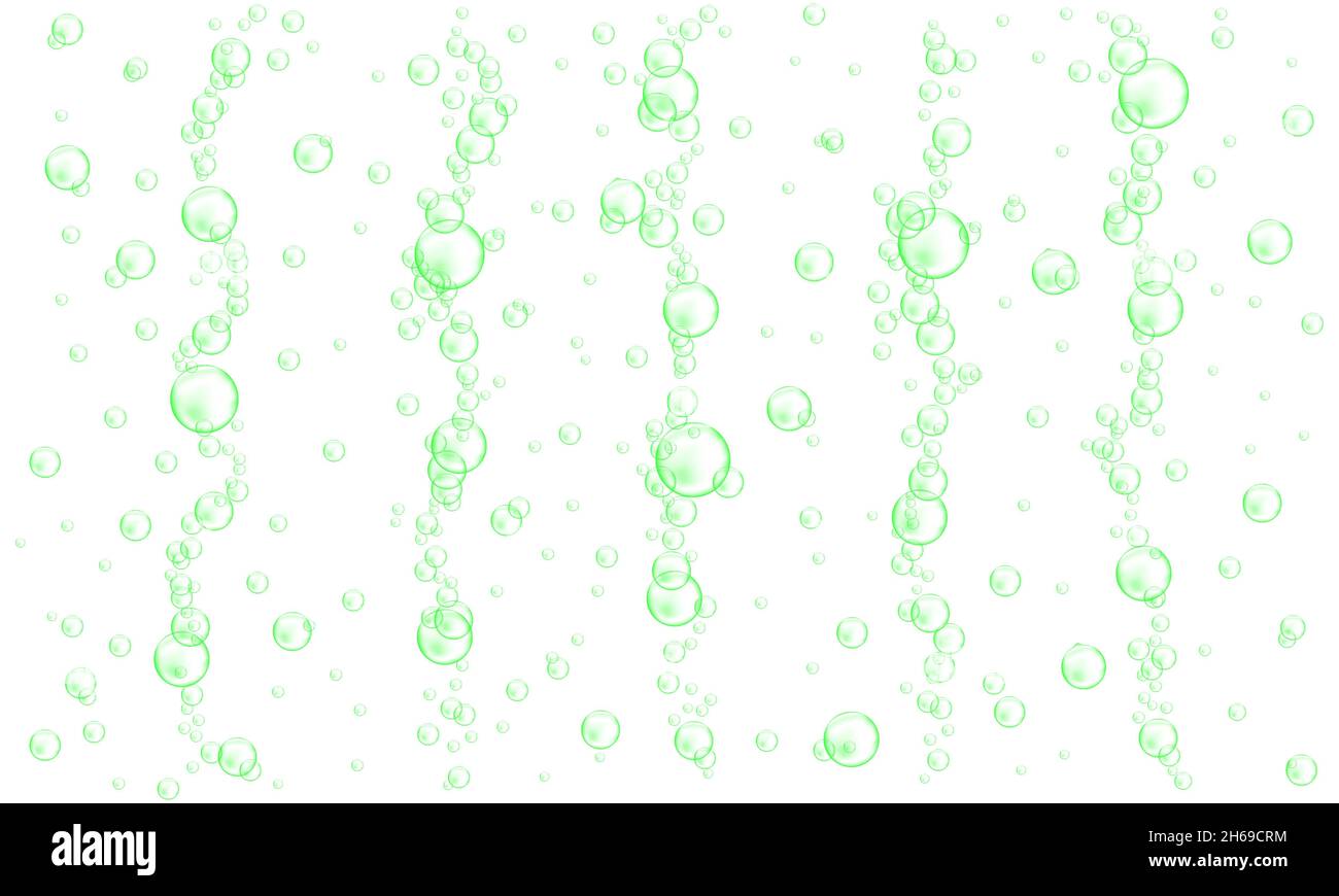 Grüne Unterwasserblasen isoliert auf weißem Hintergrund. Kohlensäurehaltiges Getränk, Seifenlauge, Shampoo oder Reinigungsschaum. Vektor-realistische Darstellung. Stock Vektor