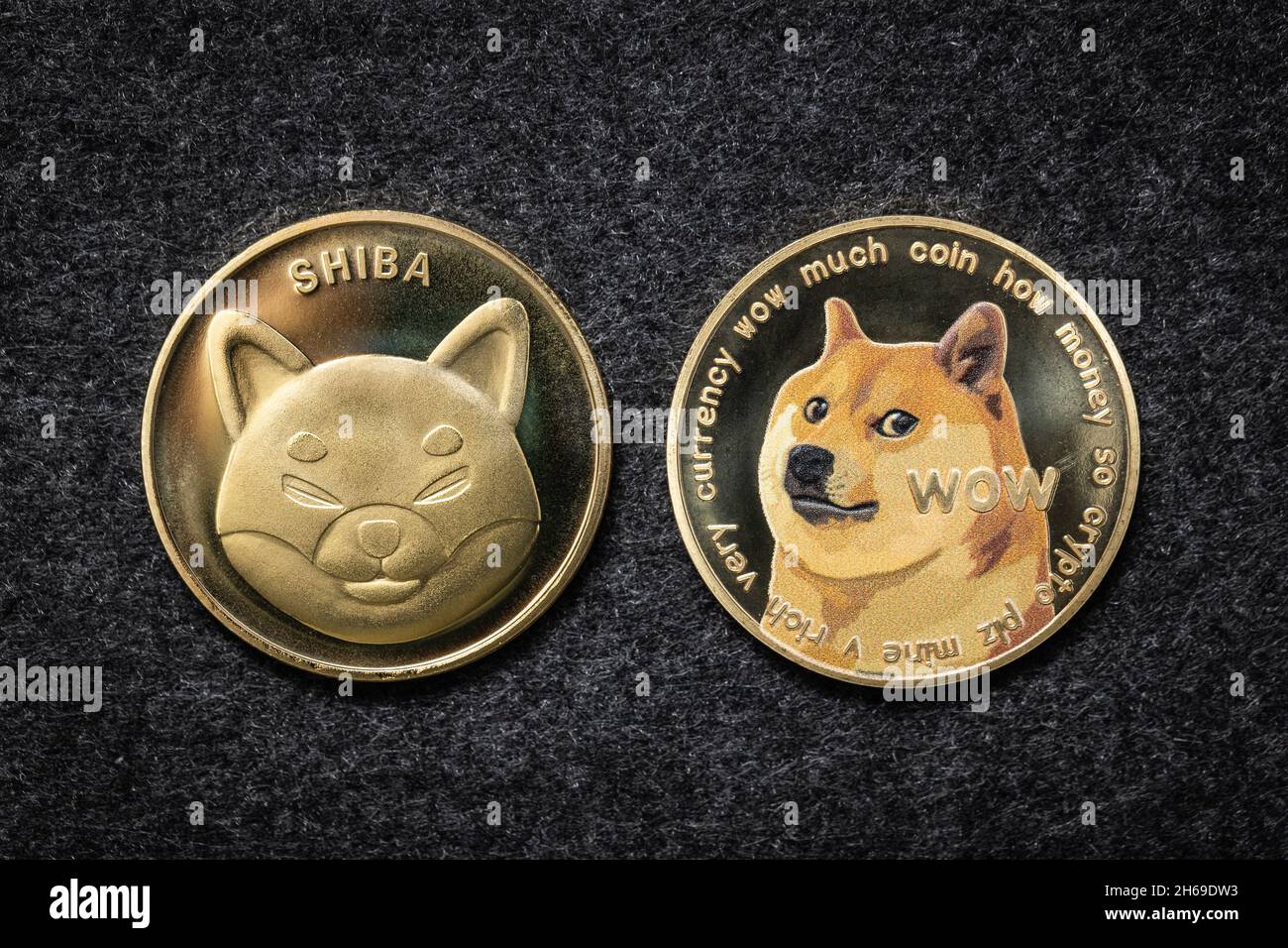 Shiba Inu Kryptowährung Münze neben einem Dogecoin Stockfoto