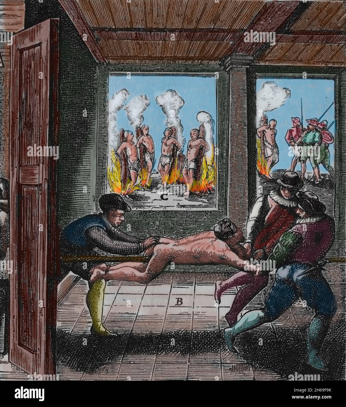 Religiöse Gräueltaten, die von Hugenots in Angouleme gegen französische Katholiken verübt wurden. Mann gefoltert. 1857. Stockfoto