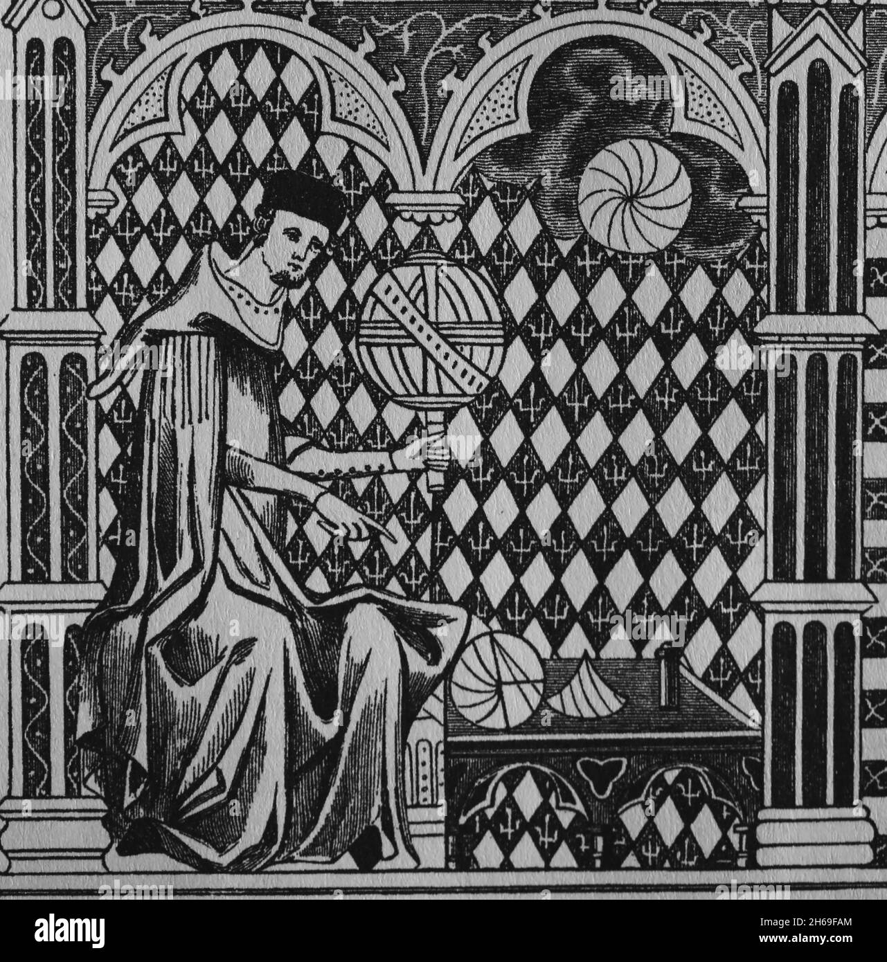 Mathematiker des Mittelalters. Mönch kopiert ein Manuskript. Gravur nach einer Miniatur im 13. Jahrhundert. Stockfoto