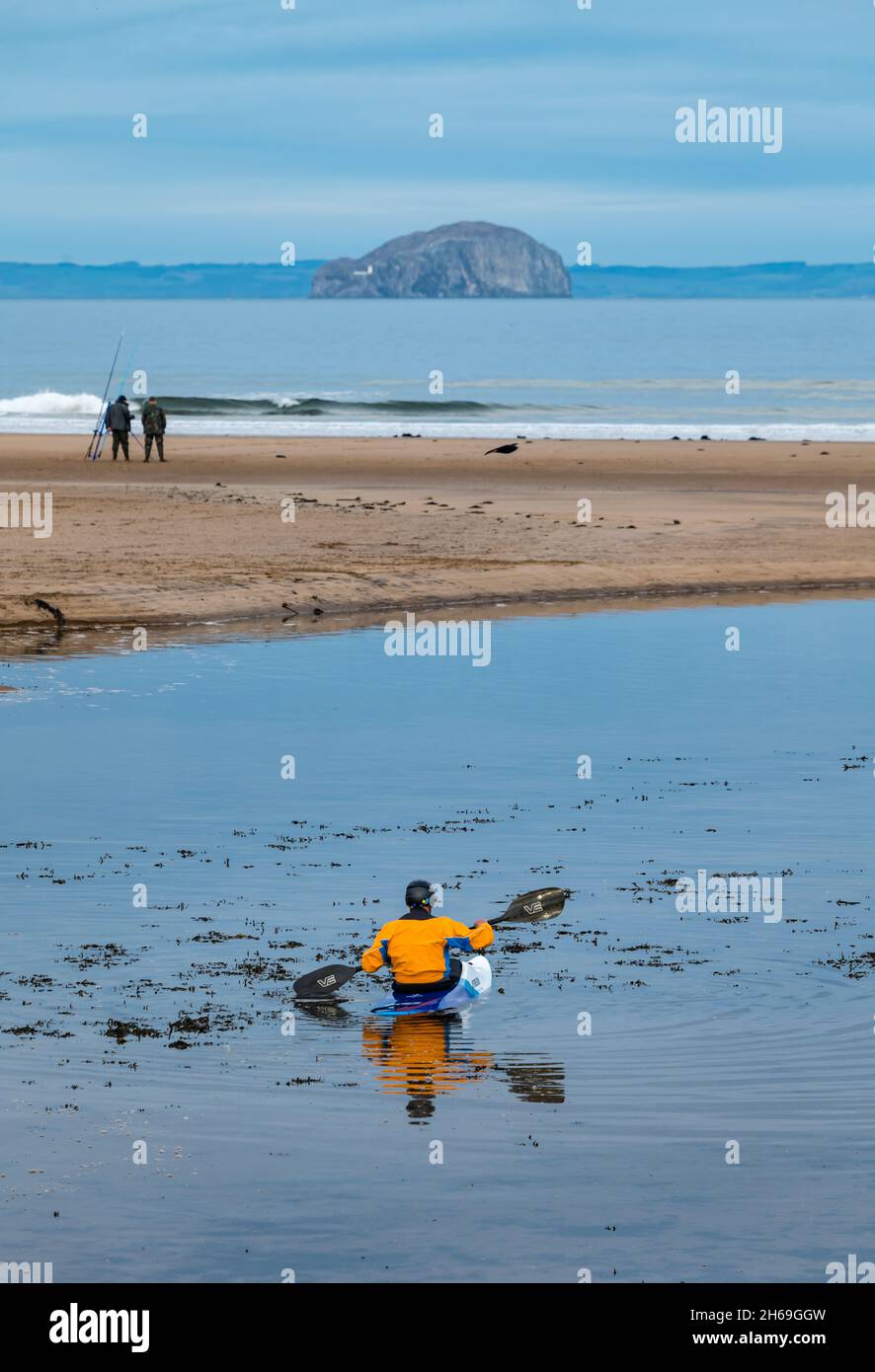 Belhaven Bay, East Lothian, Schottland, Großbritannien, 14. November 2021. UK Wetter: Ruhiger Tag für Wassersport. Ein Mann macht sich in einem Kajak auf den Weg in den Firth of Forth Stockfoto