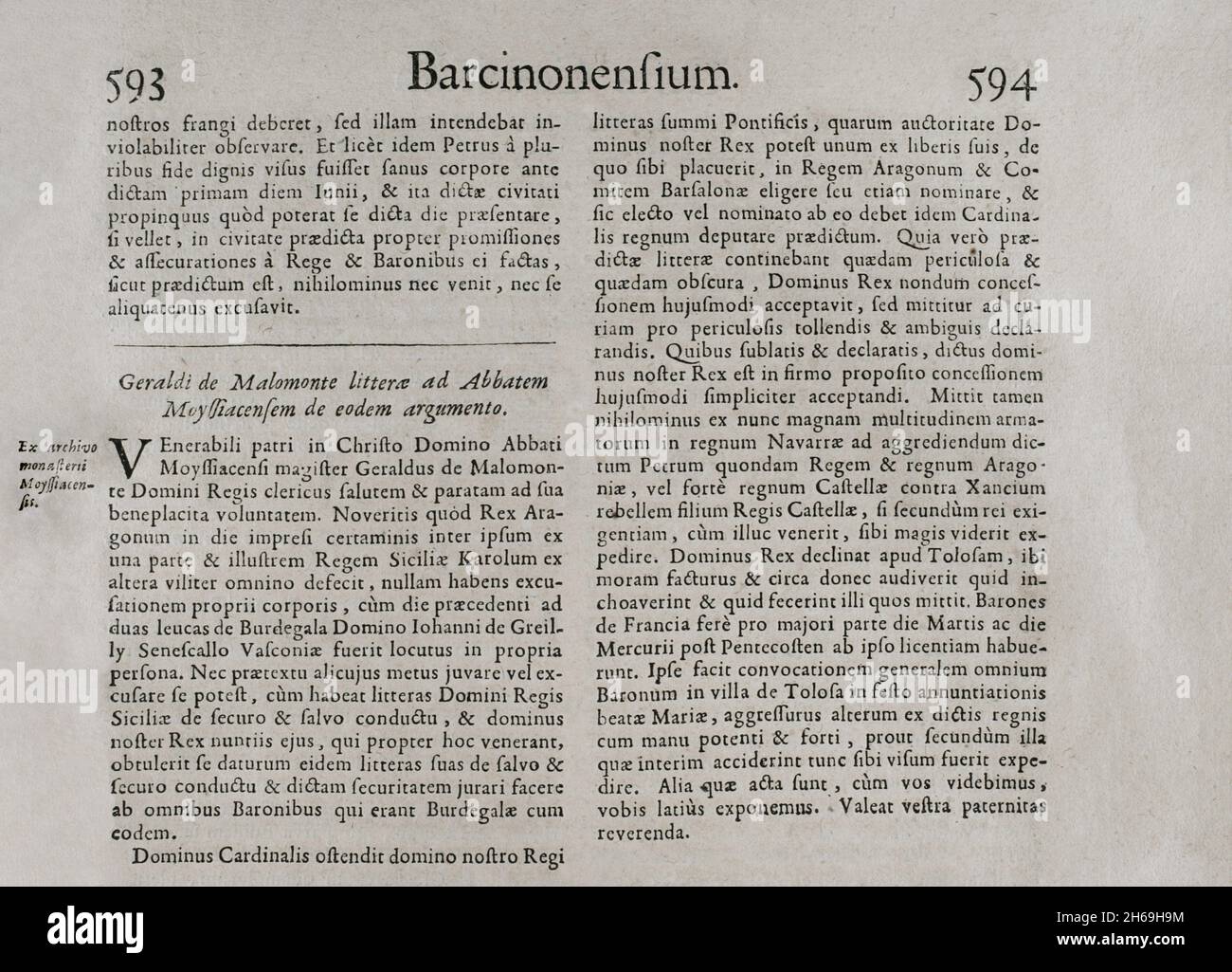 Barcinonensium. „Marca Hispanica sive limes hispanicus“. Buch in lateinischer Sprache von Pierre de Marca (1594-1662). 1656 wurde er mit der Formalisierung des Grenzvertrages zwischen den Königreichen Frankreich und Spanien beauftragt, eine Aufgabe, die sich in dieser Sammlung von fünf Büchern widerspiegelt und die Franzosen auf die annektierte Provinz Katalonien im Jahr 1641 aufmerksam machte. Etienne Baluze vergrößerte und editierte sie. Veröffentlicht in Paris von François Muguet im Jahr 1688. Historische Militärbibliothek von Barcelona. Katalonien, Spanien. Stockfoto