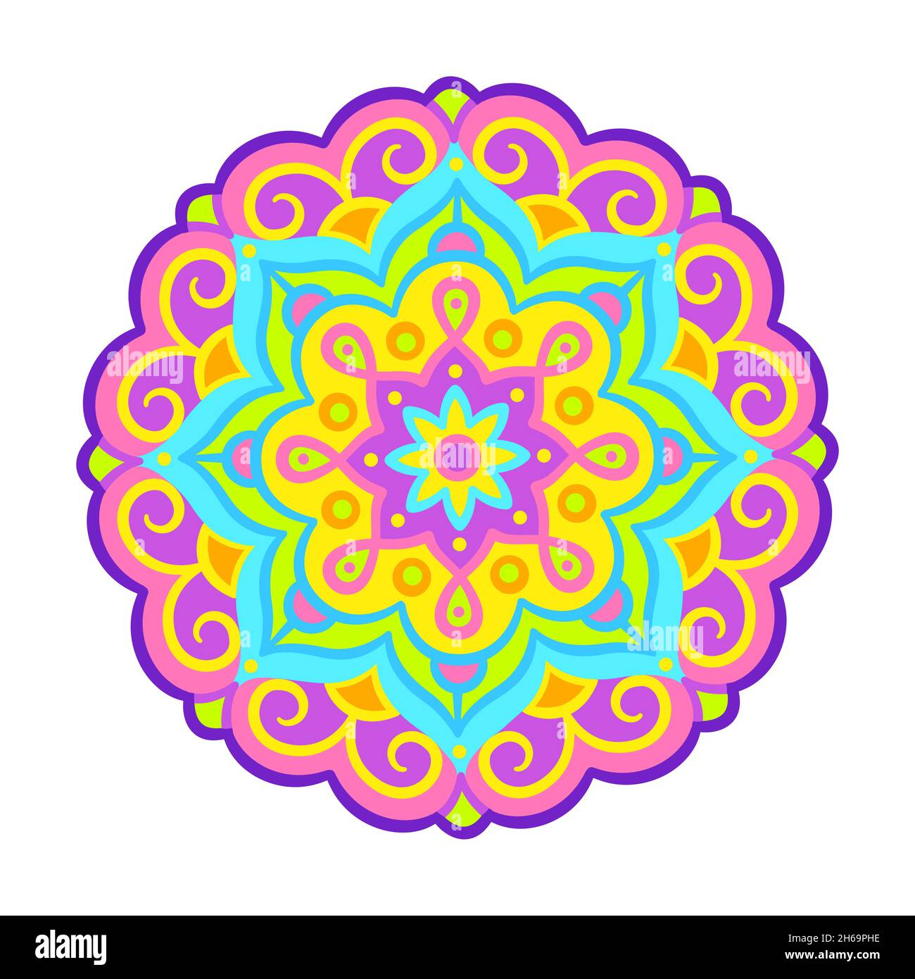 Helle Neon Mandala Ornament Illustration. Bunte abstrakte Dekoration, Vektor-Clip-Art. Stock Vektor