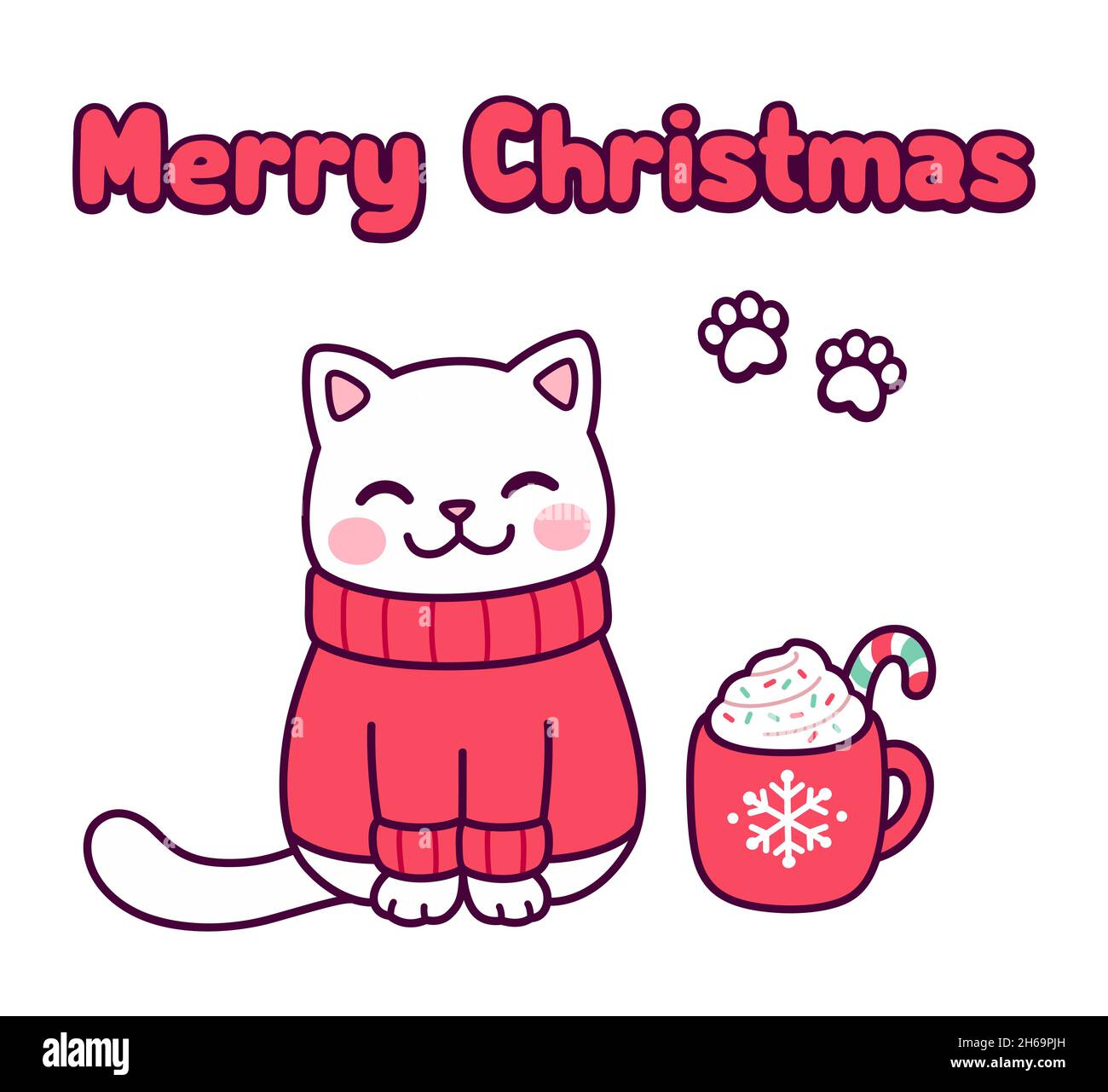Niedliche Cartoon-Katze in roten Pullover mit Tasse heiße Schokolade und Text Frohe Weihnachten. „Kawaii Holiday“-Grußkarte. Vektorgrafik Clip Art Illustration. Stock Vektor