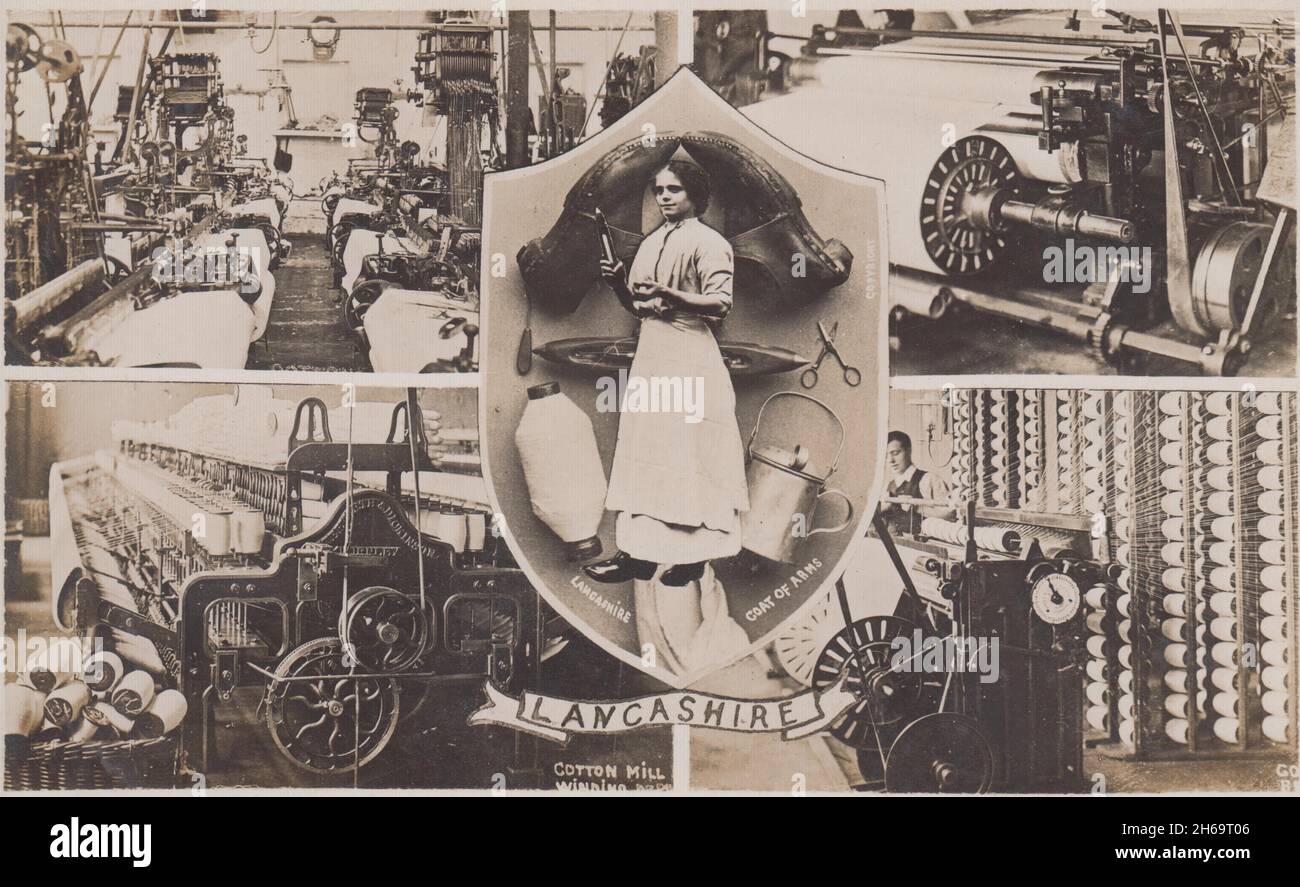 Lancashire-Baumwollindustrie, Anfang des 20. Jahrhunderts: Postkarte mit vier Ansichten von Fabrikmaschinen, mit „Lancashire-Wappen“ mit einer Frau in der Mühle, Clogs und den Werkzeugen ihres Fachs (einschließlich Spindel) Stockfoto
