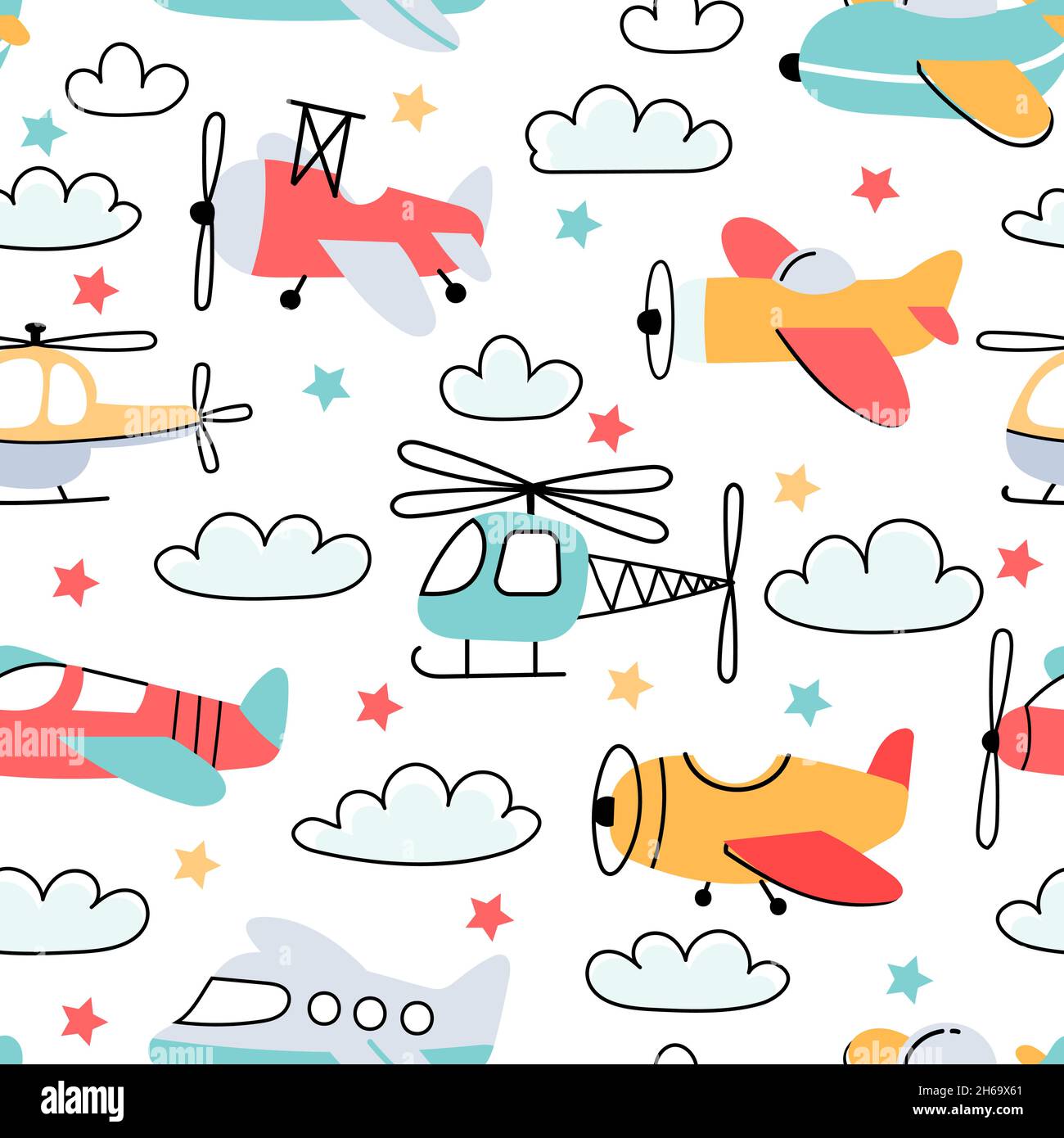 Nahtloses Muster für Jungen mit Cartoon Kinder Flugzeug und Hubschrauber. Kindertapete mit Fliege Flugzeuge und Wolken. Vektordruck für den Lufttransport Stock Vektor