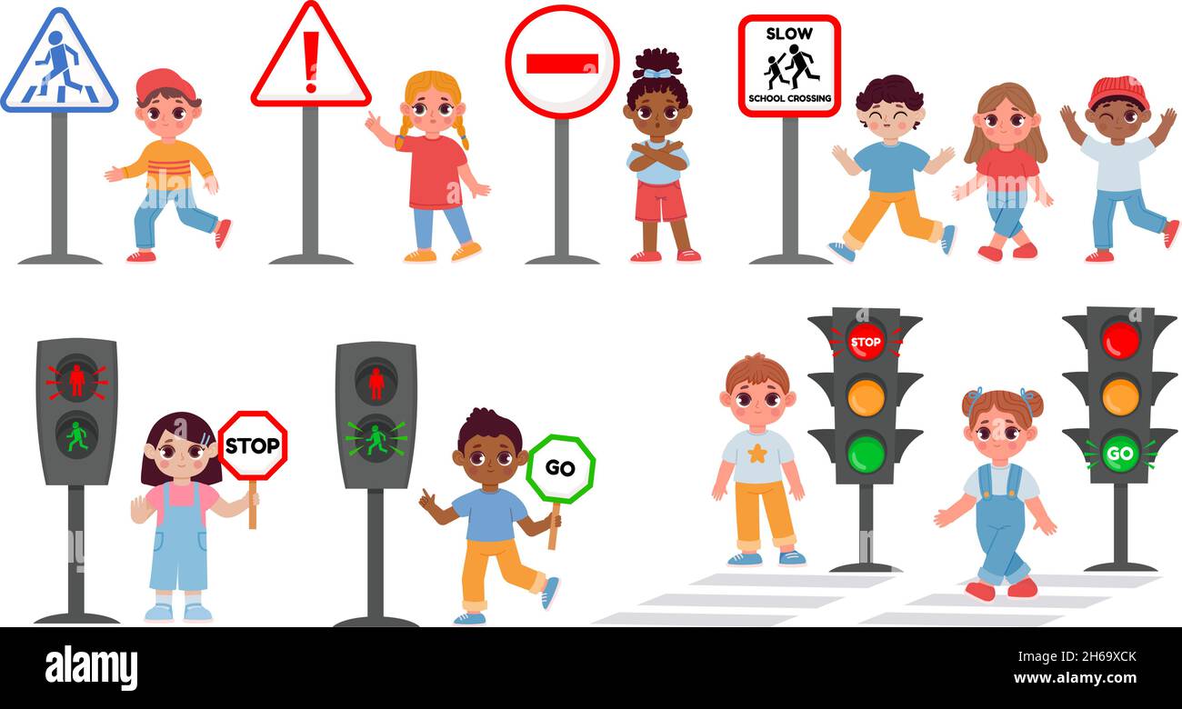 Kinder mit Ampel und Warnschild, Straßenverkehrsregeln. Cartoon Schule Kind überqueren Straße Crosswalk. Vektor-Set für die Bildung von Straßenbelag Stock Vektor