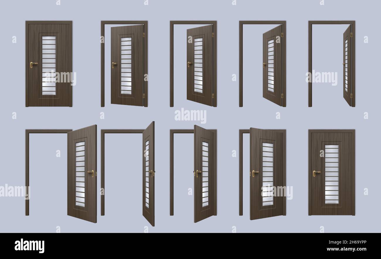 Realistische 3d schwarze vordere Holztür öffnen und schließen. Haus, Wohnung oder Zimmer Eingang Türrahmen mit Türen Ajar, Animation Frame Vektor-Set Stock Vektor