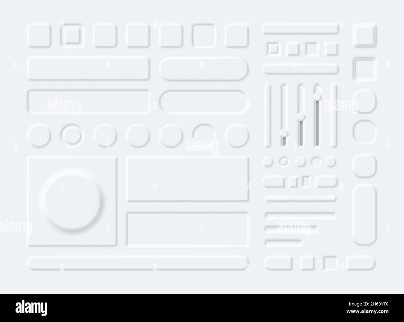3d-Elemente, Schaltflächen, Menüs und Schieberegler im Neumorphismus-Stil. Neumorphic weiße runde und rechteckige Panels für Telefon-App-Vektor-Set Stock Vektor