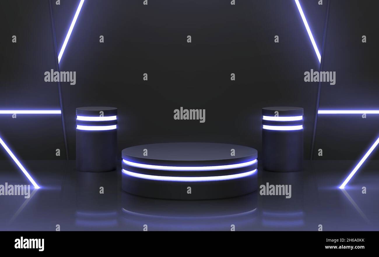 Futuristische Cyber-Bühne mit 3d-Neon-Podien zur Produktanzeige. Dunkle Plattform mit leuchtenden Lichtern. Digitaler Ständer für Gadgets, Vektorszene Stock Vektor