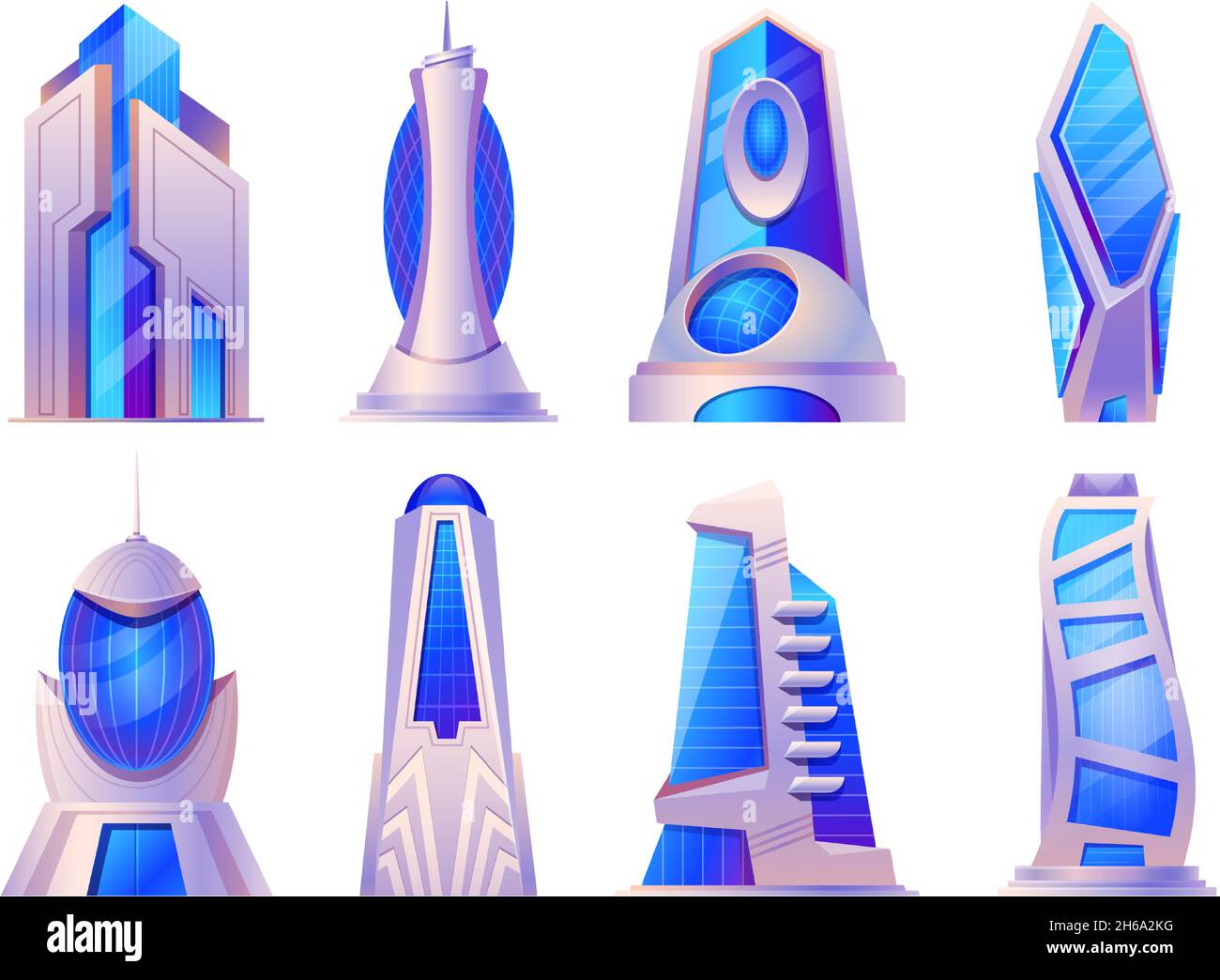 Cartoon futuristische Stadtgebäude und Wolkenkratzer Glaskonstruktion. Alien oder zukünftige Tower Build, Urban Cyberpunk Architektur Vektor-Set Stock Vektor
