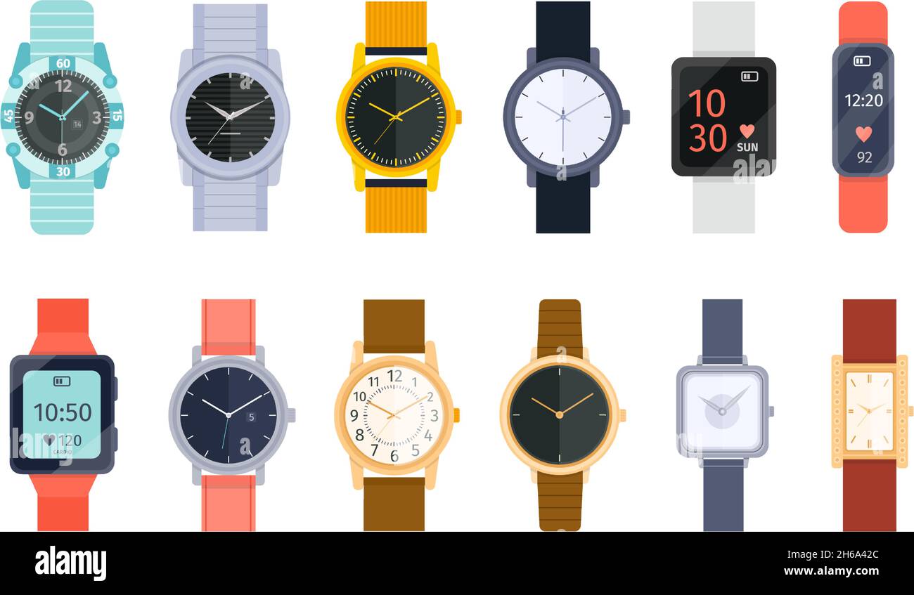 Flache moderne, klassische und luxuriöse Armbanduhren mit Armband. Smart Watch, Accessoire-Uhr für Männer und Frauen. Cartoon Uhren Vektor-Set Stock Vektor