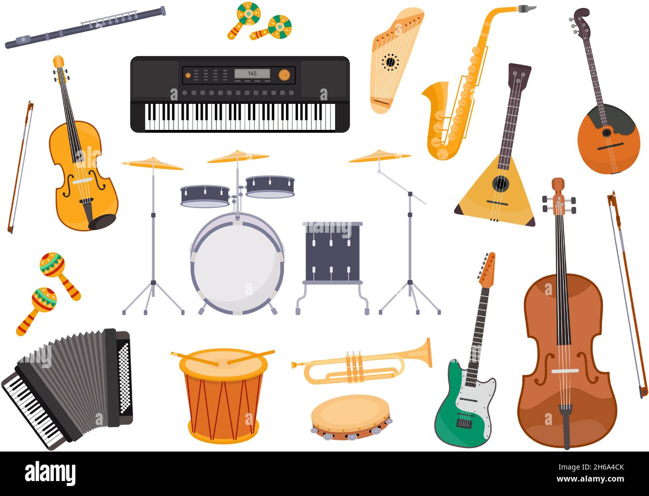 Flaches Musikinstrument, Gitarre, Akkordeon, Trommel, Saxophon und Flöte. Klassische Volksmusik Orchester, Jazz-und Rockband Ausrüstung Vektor-Set Stock Vektor