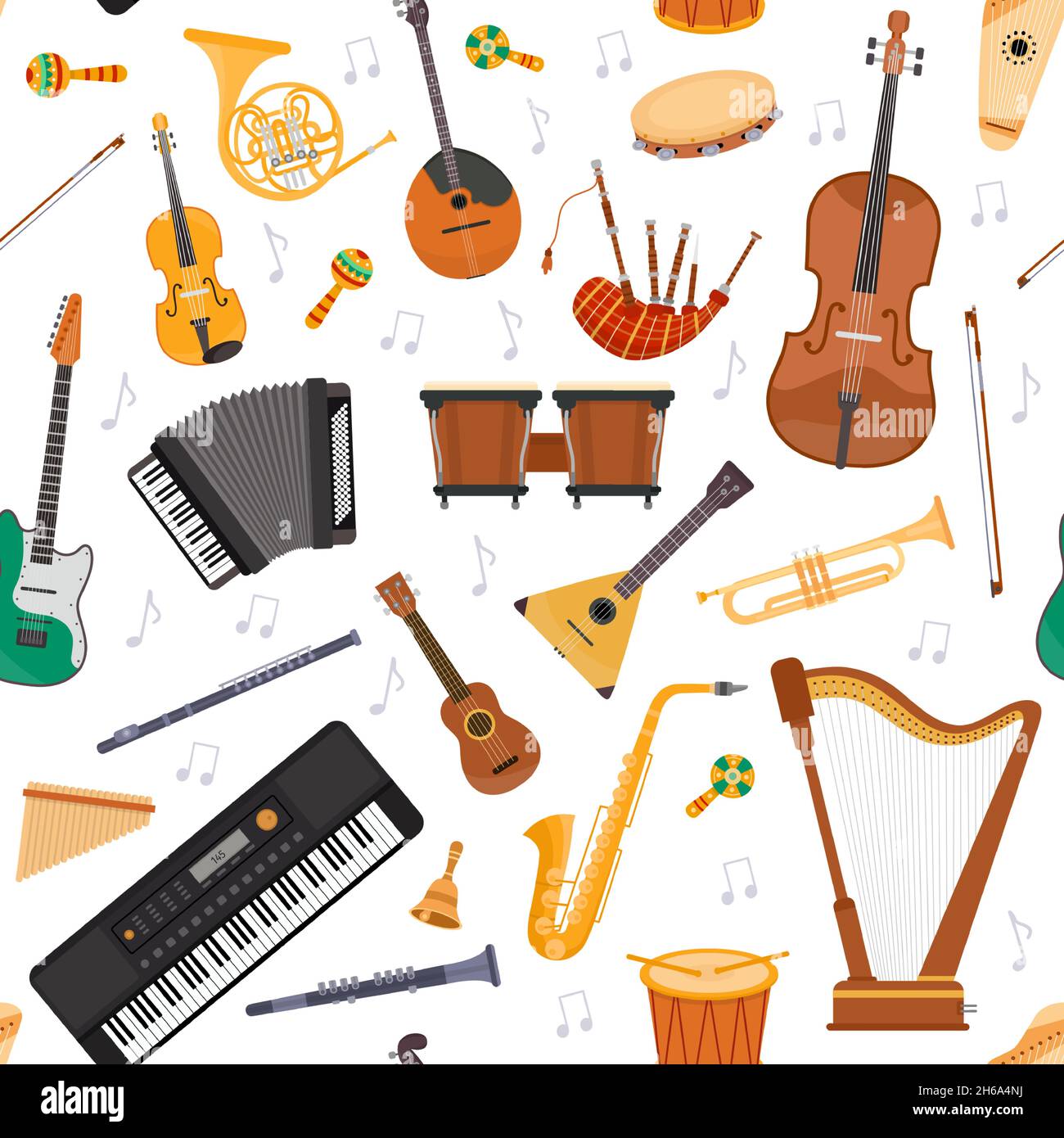 Nahtloses Muster mit flachen Musikorchesterinstrumenten und Noten. Streicher, Schlagzeug und Blasinstrument. Cartoon Musik Vektor Hintergrund Stock Vektor