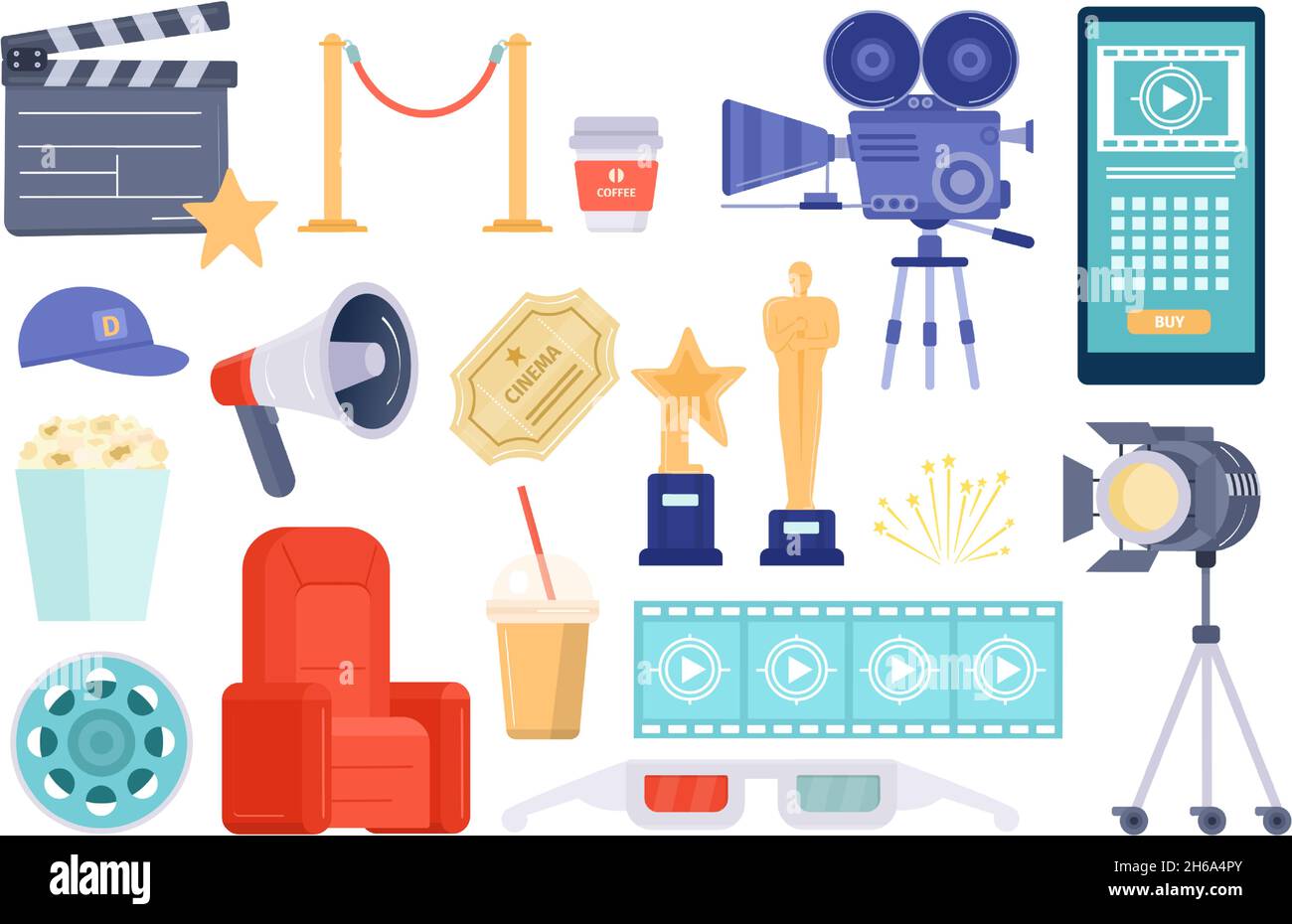 Flatkino- und Kinoartikel, Popcorn, Auszeichnungen und Tickets. Werkzeuge und Zubehör für die Filmproduktion, Filmrolle, Kamera und Klapper-Vektorset Stock Vektor