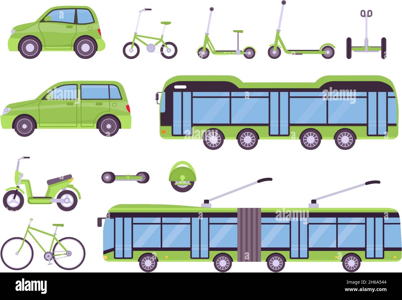 Flacher Öko-Transport Elektrobus, Autos, Roller, Fahrräder und Bord. Urbane intelligente ökologische Fahrzeuge. Umweltfreundlicher Fahrtvektor eingestellt Stock Vektor