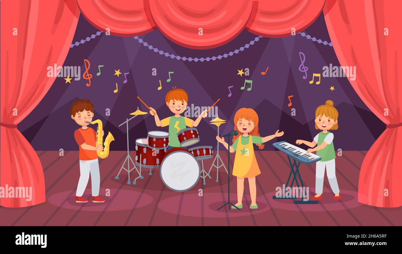 Cartoon Kinder Musikband auf Theaterbühne mit Vorhang. Jungs spielen Schlagzeug und Saxophon, Mädchen singen Stock Vektor