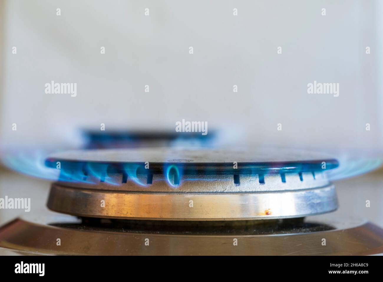Gasring leuchtet auf Gaskochfeld. Kreisförmiger grauer Ring mit schwarzer Oberseite aus Gusseisen, blaue Flammen aus den Gasöffnungen an der Seite des Rings. Stockfoto