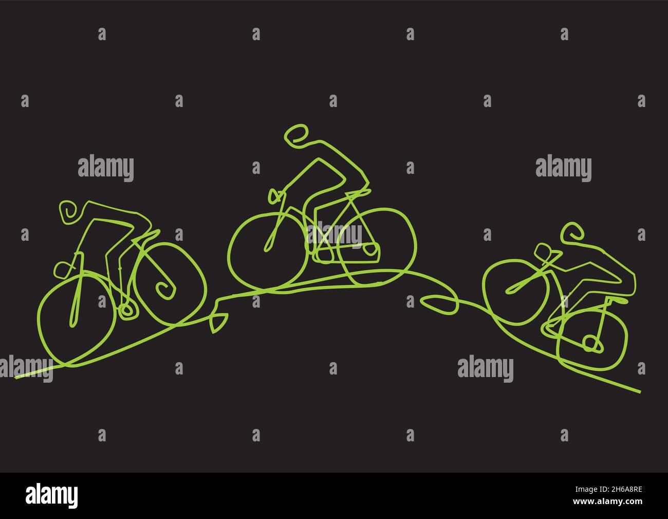 Grüner Transport, Radfahren, Linienkunst stilisierte Karikatur. Bunte Illustration von drei Radfahrern auf einem Hügel. Isoliert auf schwarzem Hintergrund. Vektor verfügbar Stock Vektor