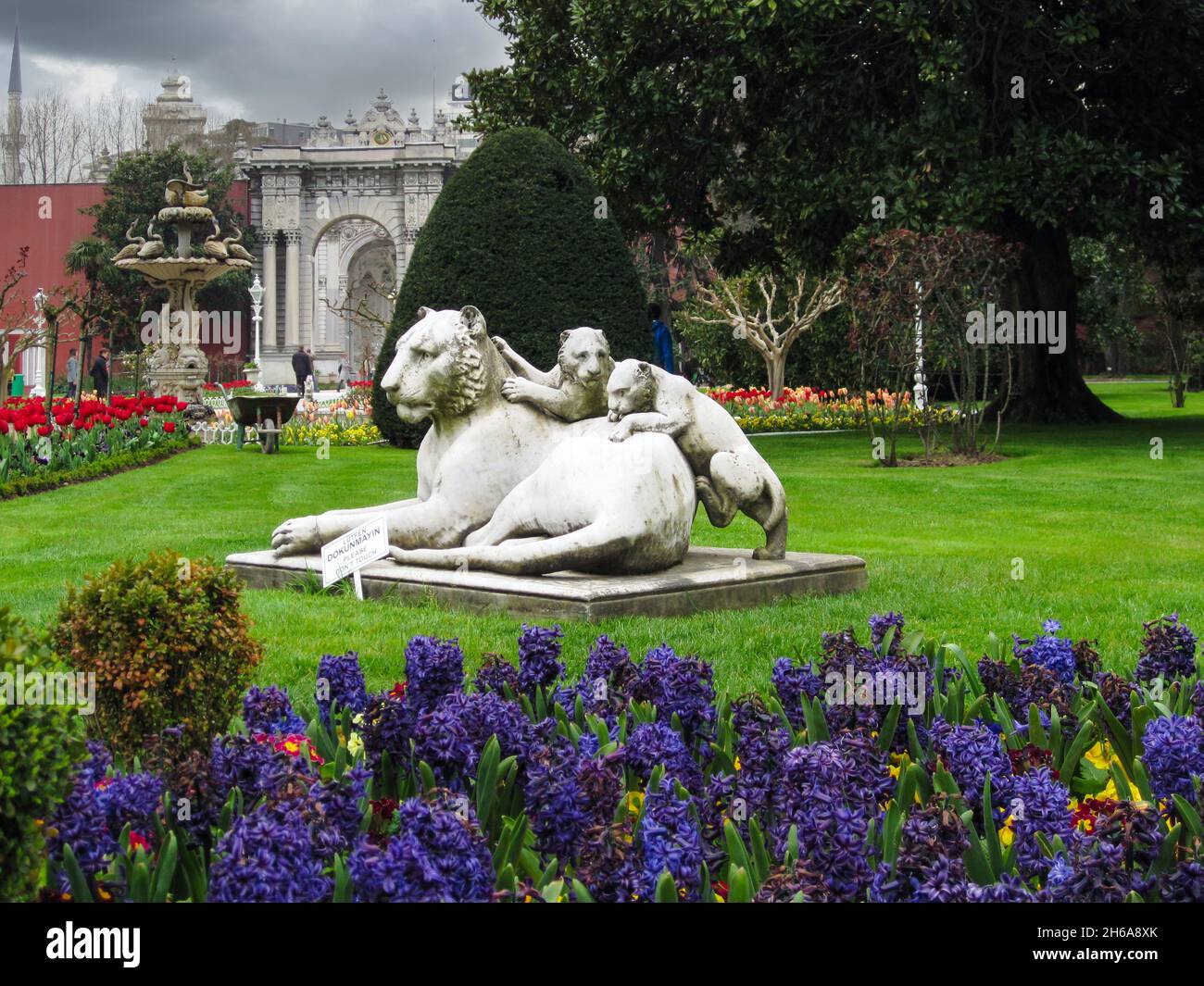 Löwin und ihre Jungen Statue im Dolmabahce Palast, in Istanbul, Türkei. Stockfoto