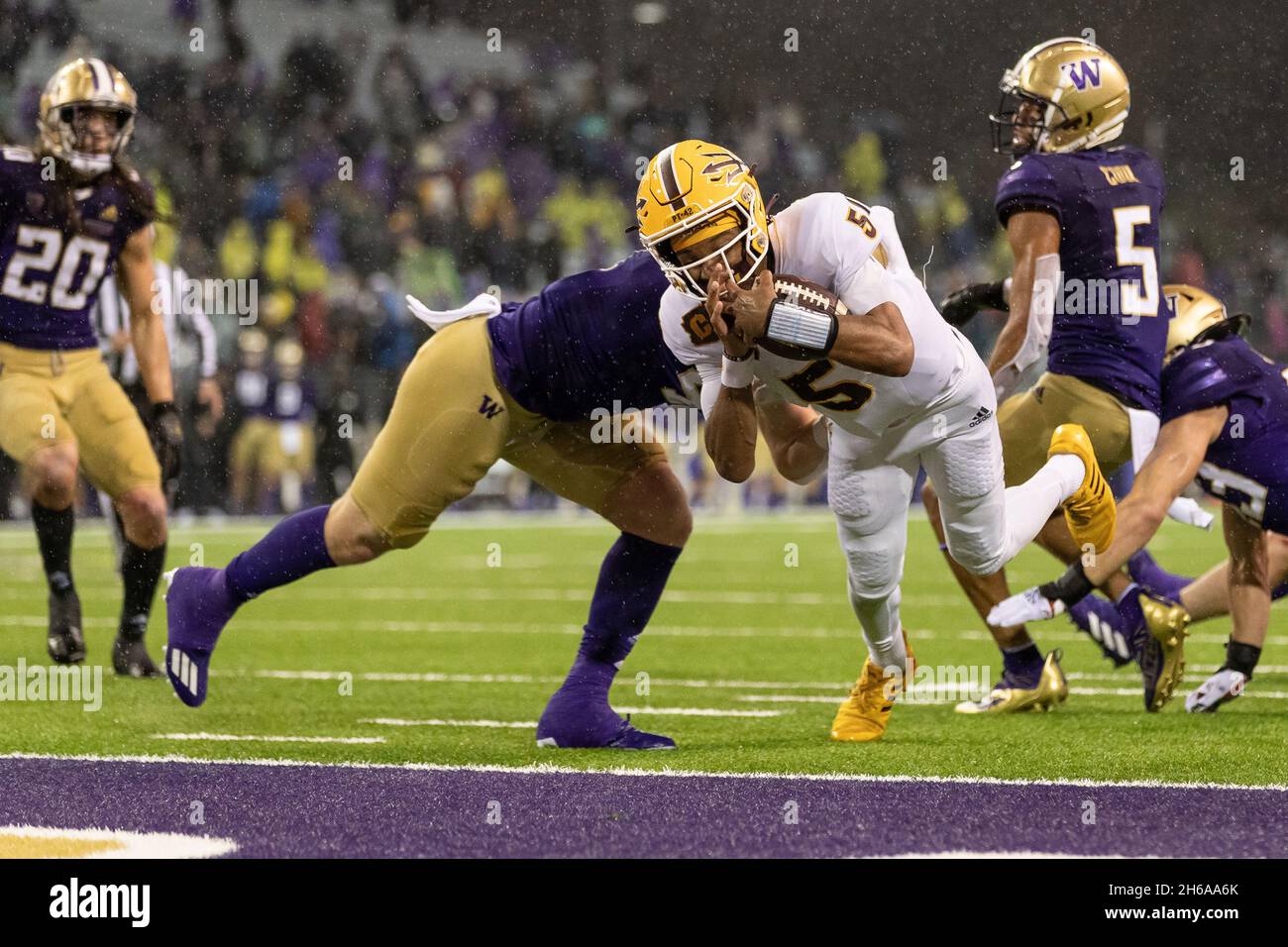 Der Arizona State Sun Devils Quarterback Jayden Daniels (5) bricht bei einem Torlauf gegen die Washington Huskies während des 4. Qua aus der Tasche Stockfoto