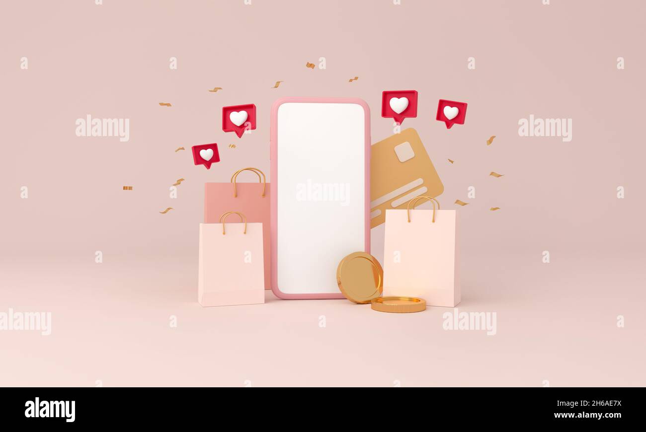 Zahlung Kreditkarte auf mobile Konzept. Online-Transaktion über Smartphone, Tascheneinkauf, Münze, Like Heart Icon. 3d-Rendering. Stockfoto
