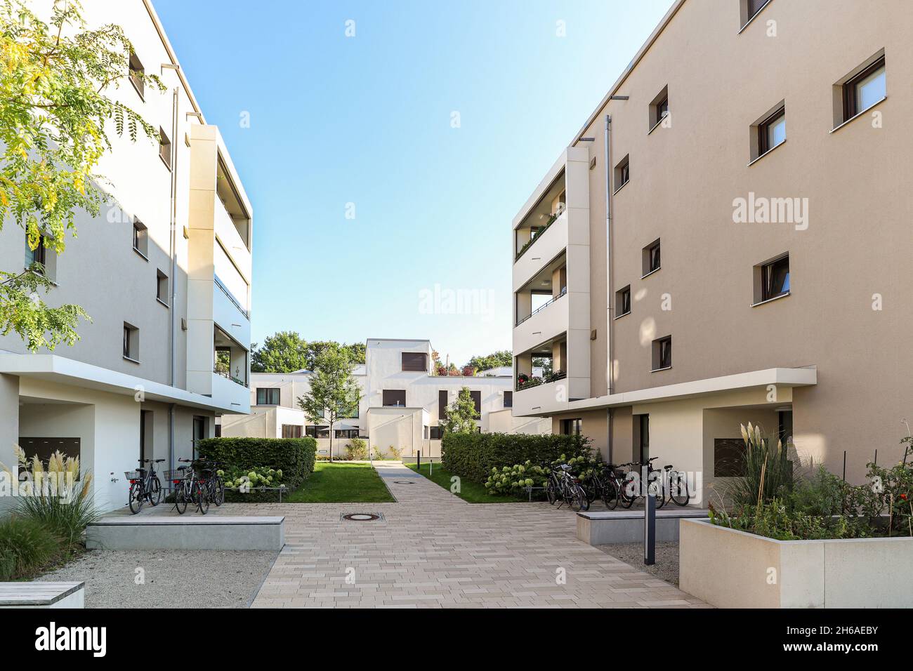 Stadtbild eines Wohngebietes mit modernen Wohngebäuden, neue grüne Stadtlandschaft in der Stadt Stockfoto