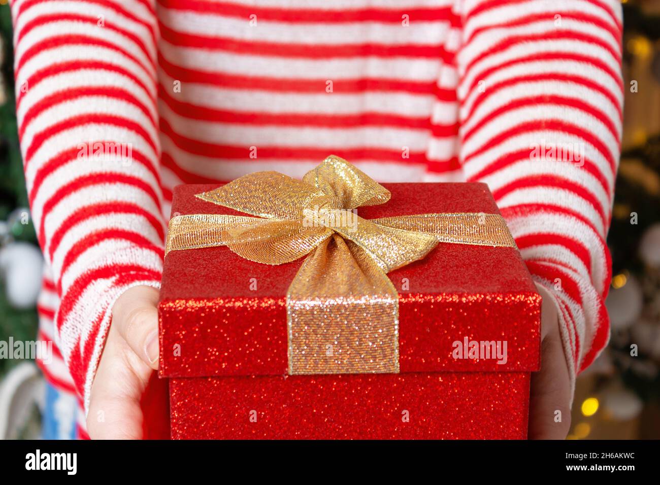 Junge, unkenntlich gebliebene Frau mit roter Geschenkbox. Stockfoto