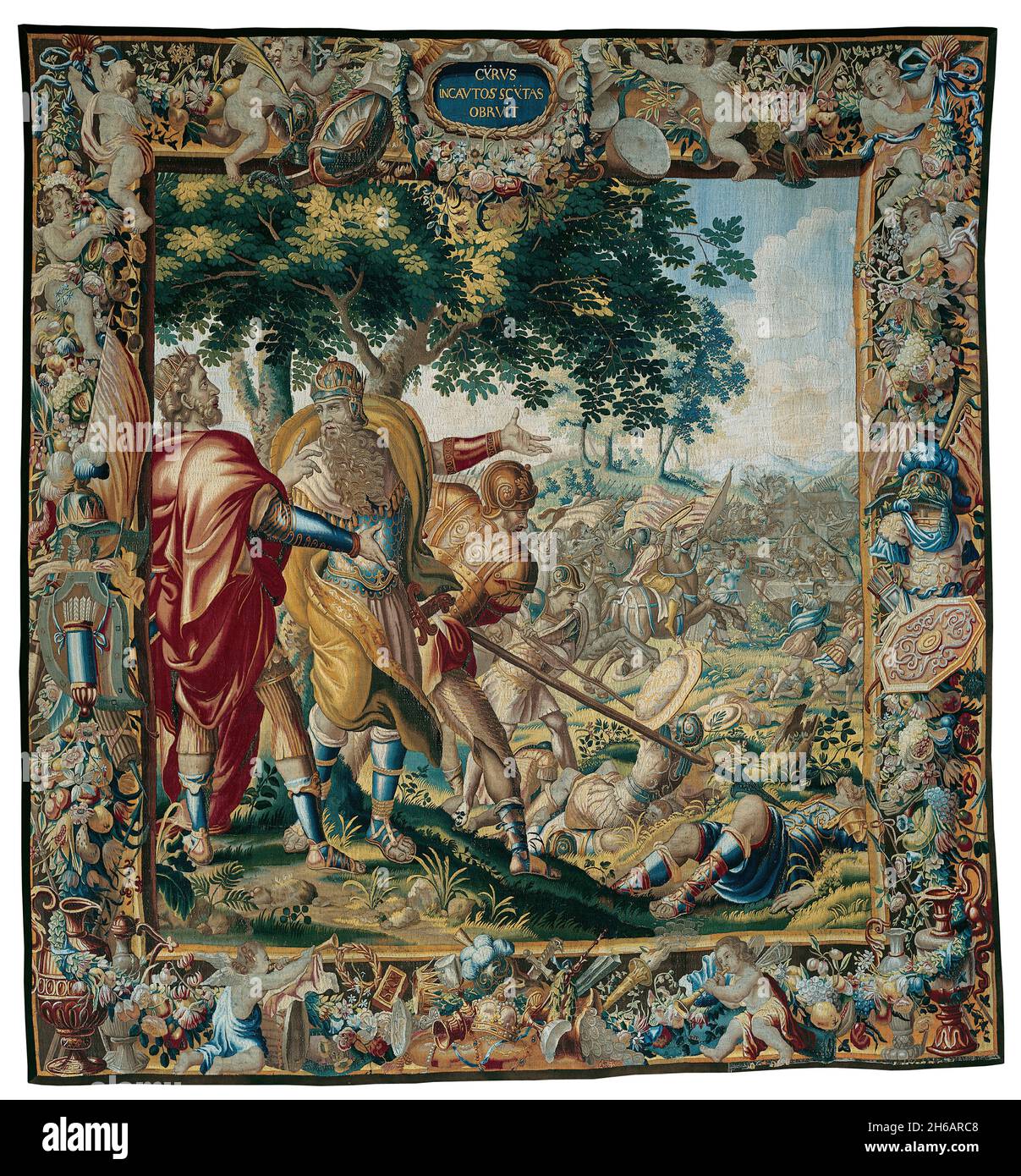 Cyrus besiegt Spargapises, aus 'The Story of Cyrus', Flandern, c. 1670. Gewebt in der Werkstatt von Albert Auwercx, nach Entwürfen von Michiel Coxie. Stockfoto
