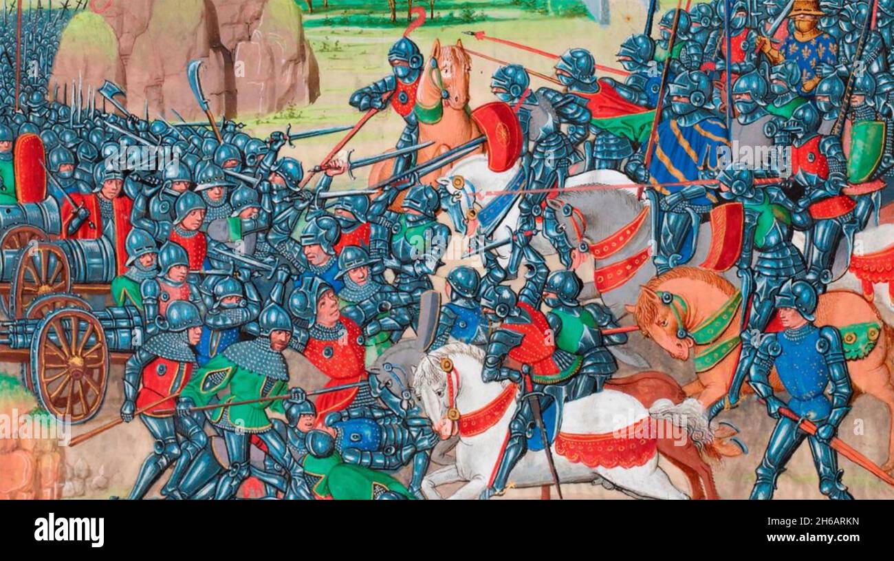 SCHLACHT VON ROOSEBEKE, Flandern, 27. November 1382. Eine französische Armee, die von Ludwig II. Von Flandern zur Rechten kommandiert wurde, besiegt eine flämische Armee unter Philip van Artevelde. Gemalt von Jean Froissart im Jahre 1405. Stockfoto