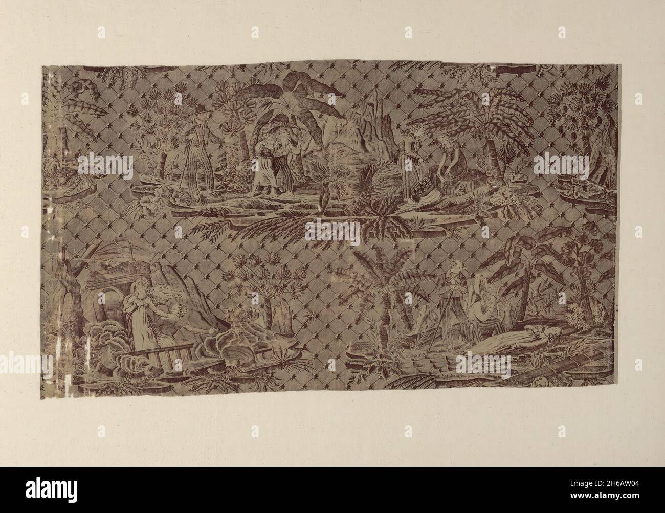 'Paul and Virginie', Furnishing Fabric, Frankreich, nach 1818. Hergestellt von Hartmann et Fils, entworfen von Cornelis nach Jean Michel Moreau dem Jüngeren, nach der Geschichte von Bernardin de Saint-Pierre. Stockfoto