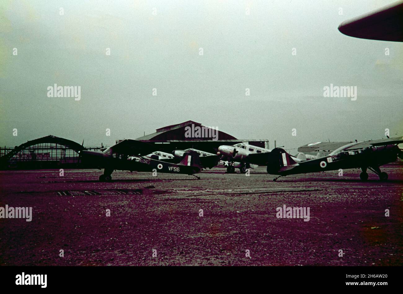 Vintage-Fotografie, aufgenommen 1953 oder 1954 in Seoul, Südkorea, während des Koreakrieges. Der Rampenbereich des Flughafens, in dem unter anderem die British Royal Air Force, RAF, Auster AOP.6, die Seriennummer VF516 angezeigt werden. Stockfoto