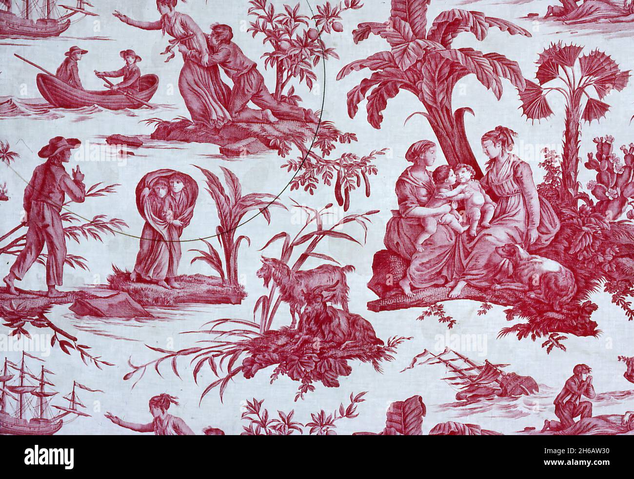 'Paul and Virginie', Furnishing Fabric, Frankreich, 1802. Entworfen von Jean Baptiste Huet nach dem Stich von Abraham Girardet nach der Zeichnung von Jean-Michel Moreau dem Jüngeren, nach der Geschichte von Bernardin de Saint-Pierre, hergestellt von der Manufaktur Oberkampf. Stockfoto