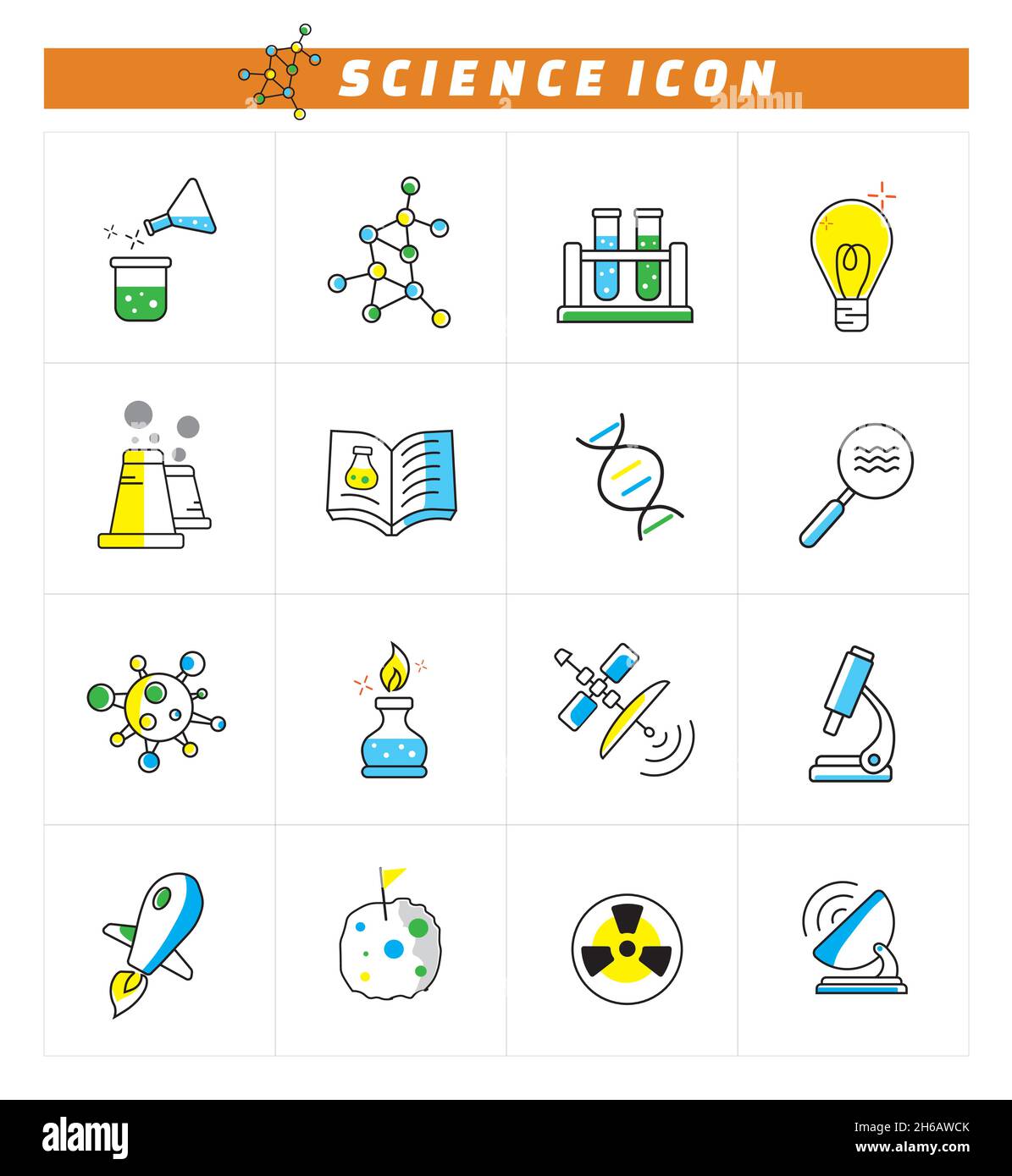 Einzigartige Vektor-Elemente der Wissenschaft Symbole mit Farbe. Geeignet für Design mit einem Thema im Labor oder im Zusammenhang mit dem wissenschaftlichen Bereich Stock Vektor