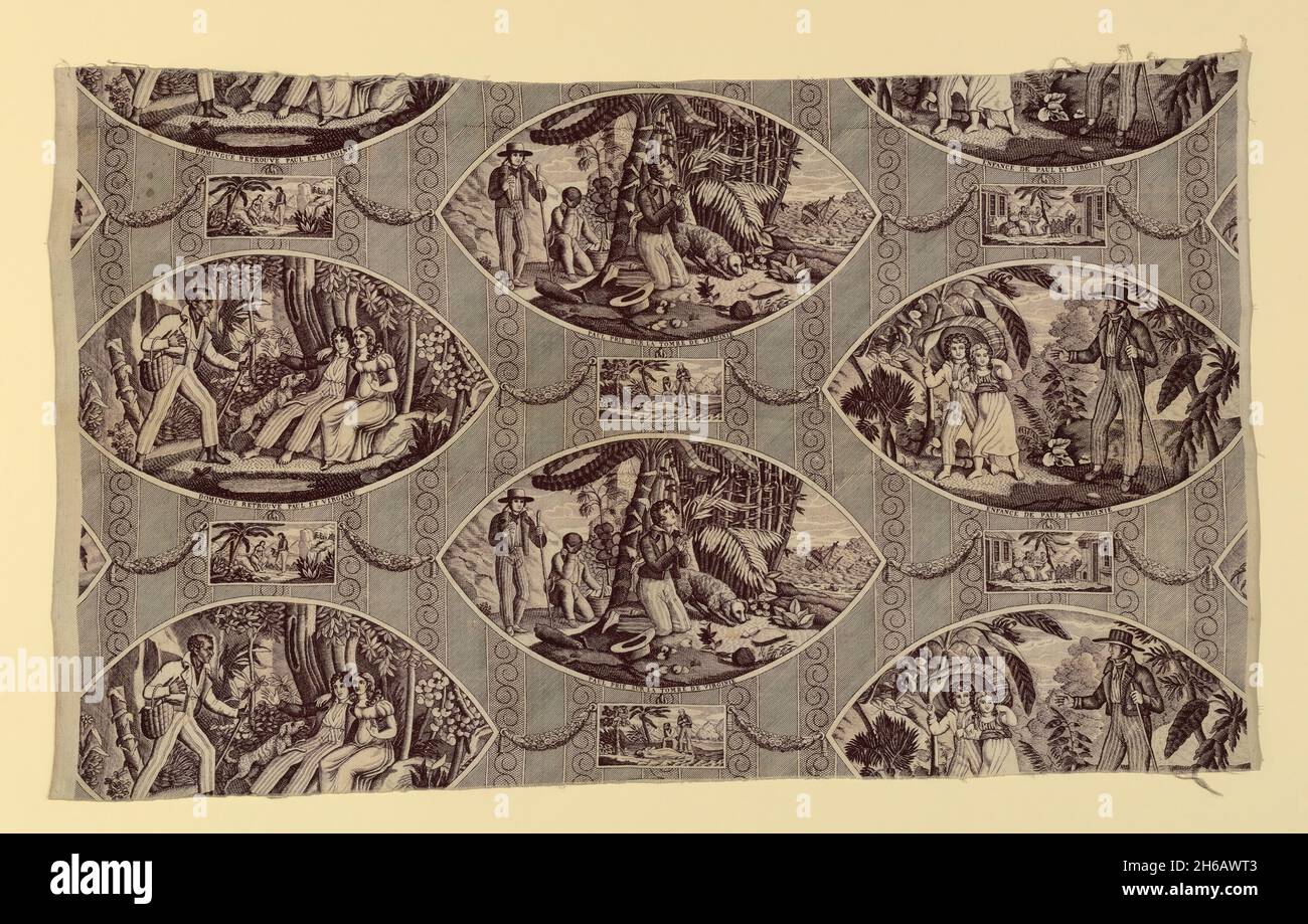 'Paul and Virginie', Furnishing Fabric, Frankreich, nach 1818. Gestochen von Tony Johannot und anderen nach Werken von Jean Michel Moreau und Jean Frederic Schall, basierend auf der Geschichte von Bernardin de Saint-Pierre, hergestellt von der Manufaktur Oberkampf. Stockfoto