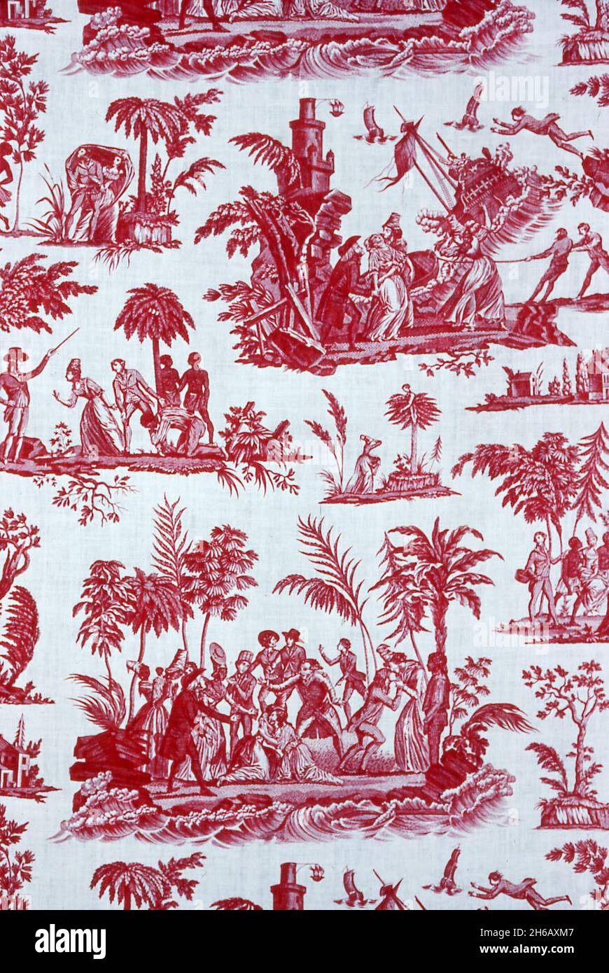 „Paul and Virginie“ Furnishing Fabric, Nantes, c. 1795. Szenen aus der Geschichte von Bernardin de Saint-Pierre, hergestellt von Petitpierre et Cie. Stockfoto