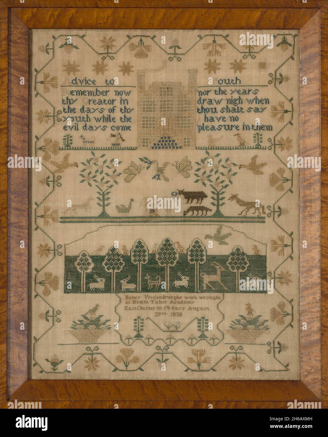 Sampler, New York, 1838. „Rat an die Jugend; gedenke jetzt an deinen Schöpfer in den Tagen deiner Jugend, während die bösen Tage kommen; noch kommen die Jahre nahe, wenn du sagen wirst, dass ich kein Gefallen an ihnen habe“. [Prediger 12:1]. Nancy Vredenburghs Arbeit in Mount Tabor Academy East Chester in 14 Tagen 29. August 1838'. Stockfoto