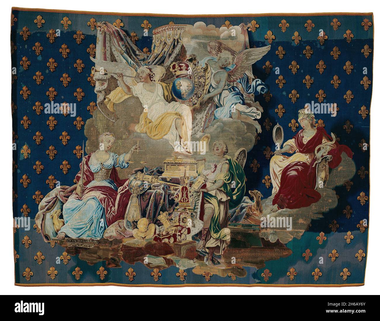 Kanzlei, Frankreich, 1718/20. Allegorische Figuren: Gerechtigkeit auf der linken und Prudence auf der rechten Seite. Vermutlich in der Manufacture Royale de Beauvais, unter der Leitung von Pierre und Etienne Filleul, nach einer Karikatur von Jacques Vigoreux Duplessis gewebt. Stockfoto