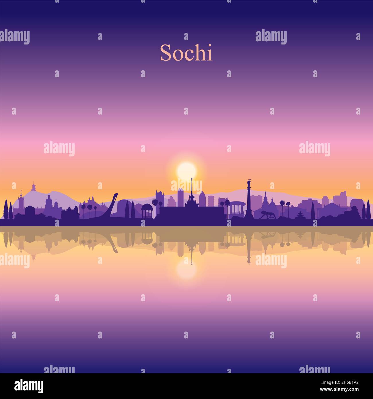 Sotschi Stadt Silhouette auf Sonnenuntergang Hintergrund Vektor Illustration Stockfoto