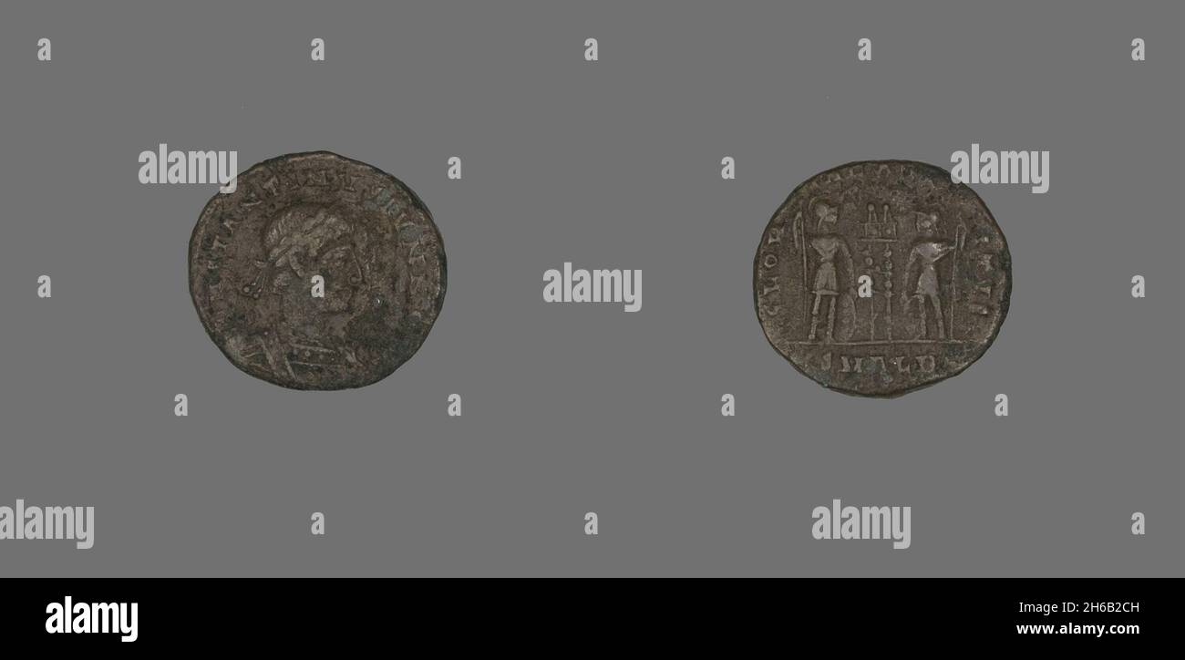 Follis (Münze) porträtiert Kaiser Konstantin II. Als Caesar, 333-335. Stockfoto