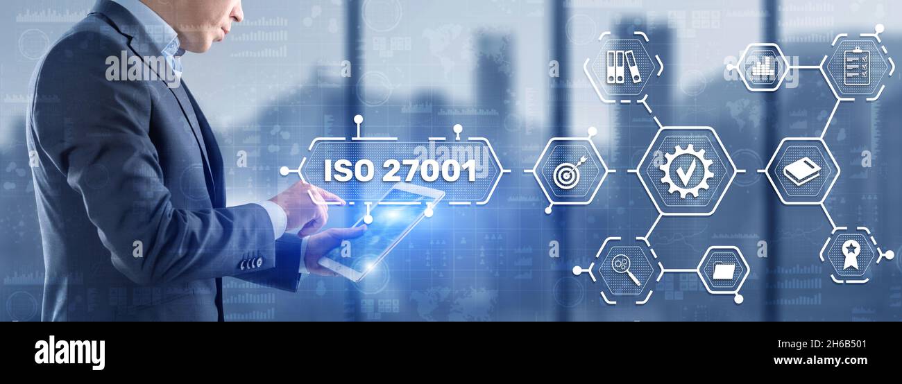 ISO 27001. Internationaler Informationssicherheitsstandard. Konzept der ISO-Normen Qualitätskontrolle Garantie. Stockfoto