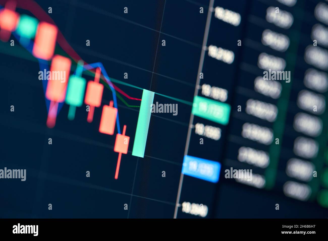 Online-Trading-Chart der Börse zeigt grüne Kerzenständer auf dem Plattformmarkt. Stockfoto