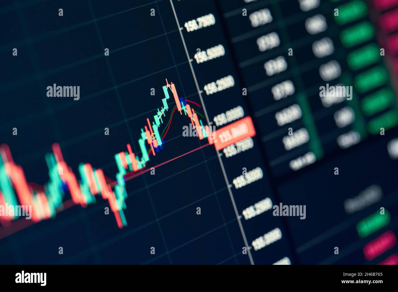 Online-Trading-Chart der Börse fallender Kursgraph Kerzenständer am Markt. Stockfoto