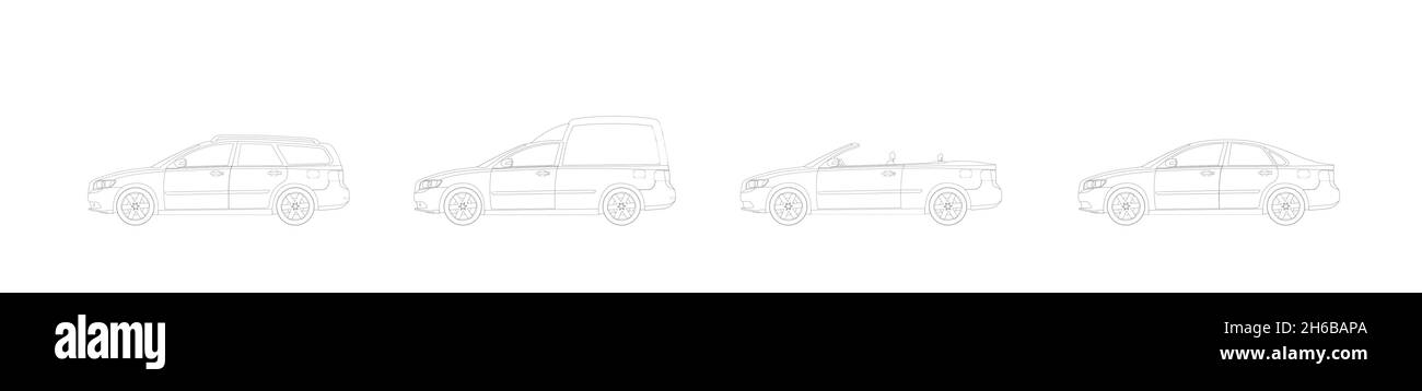 Satz von Vektor Umriss Bilder von Autos. Karosserieoptionen. Flache Vektorgrafik. Stock Vektor